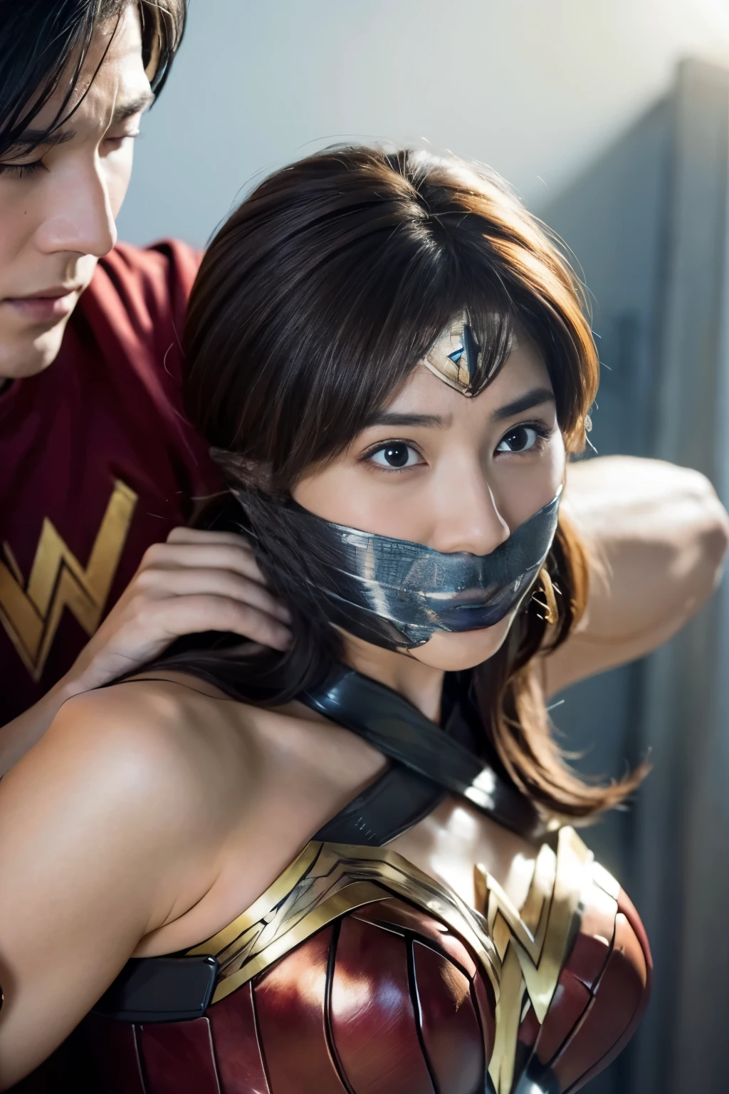 perfect wonder woman costume,Sleeping face,Close ~ eyes,face of suffering,sky face,sleeping face, being Embraced by a man,Embraced by a man,Embraced by a man,Captured by a man,Detained by a man、brown hair, ,improvised gag, tape gag, gagged, duct tape, tape bondage, turn your arms behind your back, tied arms,masterpiece、beautiful girl、fine 目、puffy eyes、highest quality, 超High resolution, (reality: 1.4), movie lighting、Japanese、asian beauty、Korean、super beautiful、beautiful skin、(超reality的な)、(High resolution)、(8k)、(very detailed)、(beautiful and fine eyes)、(Super detailed)、 (wall-)、detailed face、bright lighting、professional lighting、slanted bangs、、brown hair、20-year-old、wonder woman cosplay，wonder woman tiara