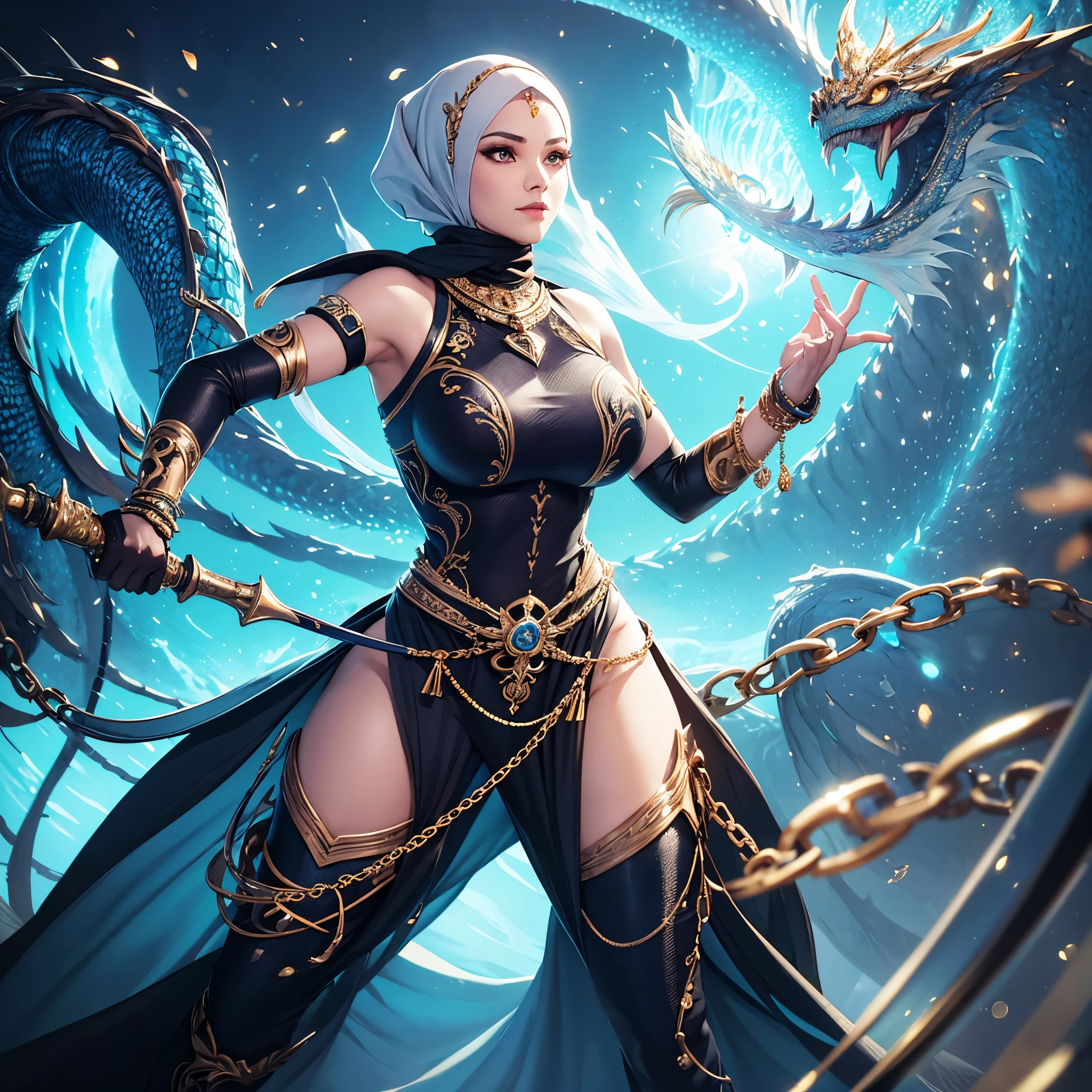 (busty malaysian woman:1.1, age 40:1.1, hijab no hair showing:1.1, athletic:1.1, many chains jewels and charms, wielding magic weapons), final showdown against a jeweled dragon, (best quality:1.2), ultra-detailed, realistic:1.37, HDR, studio lighting, vivid colors, portraits, sharp focus, physically-based rendering, extreme detail description, professional, bokeh, vibrant color palette, dramatic lighting