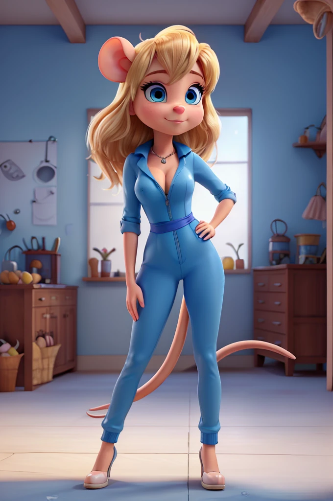 ((ultra quality)), ((tmasterpiece)), Nut, anthropomorphic mouse girl, Furry, ((blonde woman, hairlong)), Beautiful cute face, beautiful female lips, charming beauty, ((Kind expression on his face)), seductively looking at the camera, slightly closed eyes, ((Skin color: white)), Body glare, ((there is a mouse tail in the back)), ((detailed beautiful female eyes)), ((big blue eyes)), beautiful female hands, ((perfect female figure)), ideal female body shapes, Beautiful waist, nice feet, big thighs, Beautiful butt, ((Subtle and beautiful)), stands seductively leaning on the table, ((dark blue jumpsuit, with sexy neckline)) background: workshop, ((Depth of field)), ((high quality clear image)), ((crisp details)), ((higly detailed)), Realistic, Professional Photo Session, ((Clear Focus)), ((cartoon)), the anime, NSFW