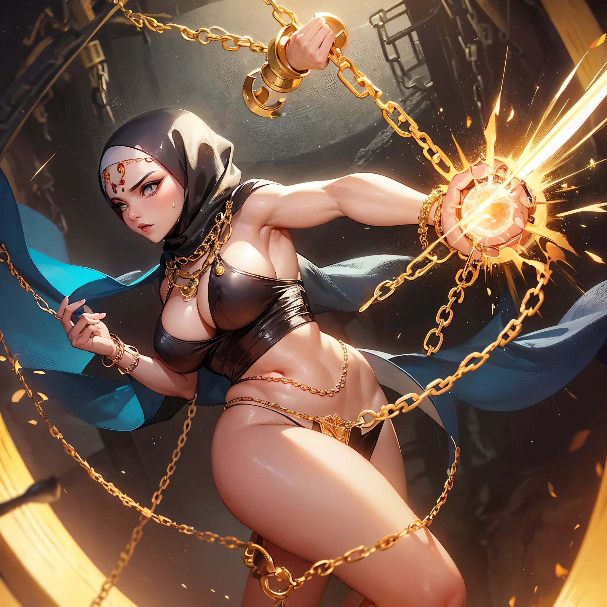 A (busty malaysian woman, age 40, hijab no hair showing, athletic, (many chains jewels and charms), wielding magic weapons), final showdown against a jeweled dragon