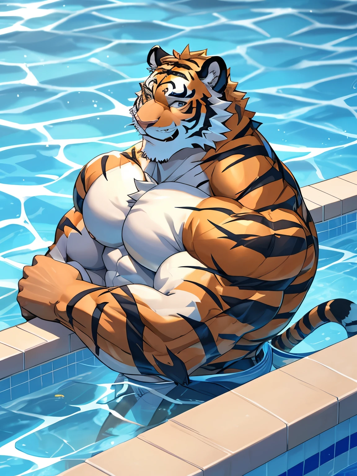 Tiger, good looking, male, anthro, ultradetailed, muscular, solo, bareness, rippling muscles, muscles, pool background, tail, smiling, big pecs, looking at viewer, thong, bara,