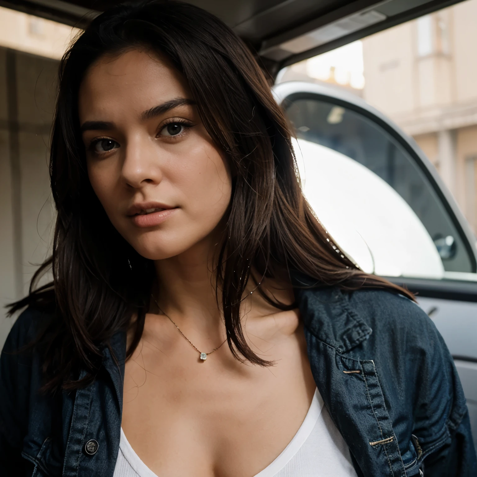 arafed busty woman with long dark hair a picture by Sebastian Vrancx, detailed face, detailed eyes, portrait, , kailee mandel, black hair and brown eyes, 2 4 year old female model, victoria siemer, dark hair, violet myers, :: madison beer, messy long black hair, christina kritkou, messy brown hair, a woman in red pumps are wearing grey pants with red heels, in the style of y2k aesthetic, the snapshot aesthetic, moody monotones, utilitarian objects, swiss style, cinquecento, leather/hide
