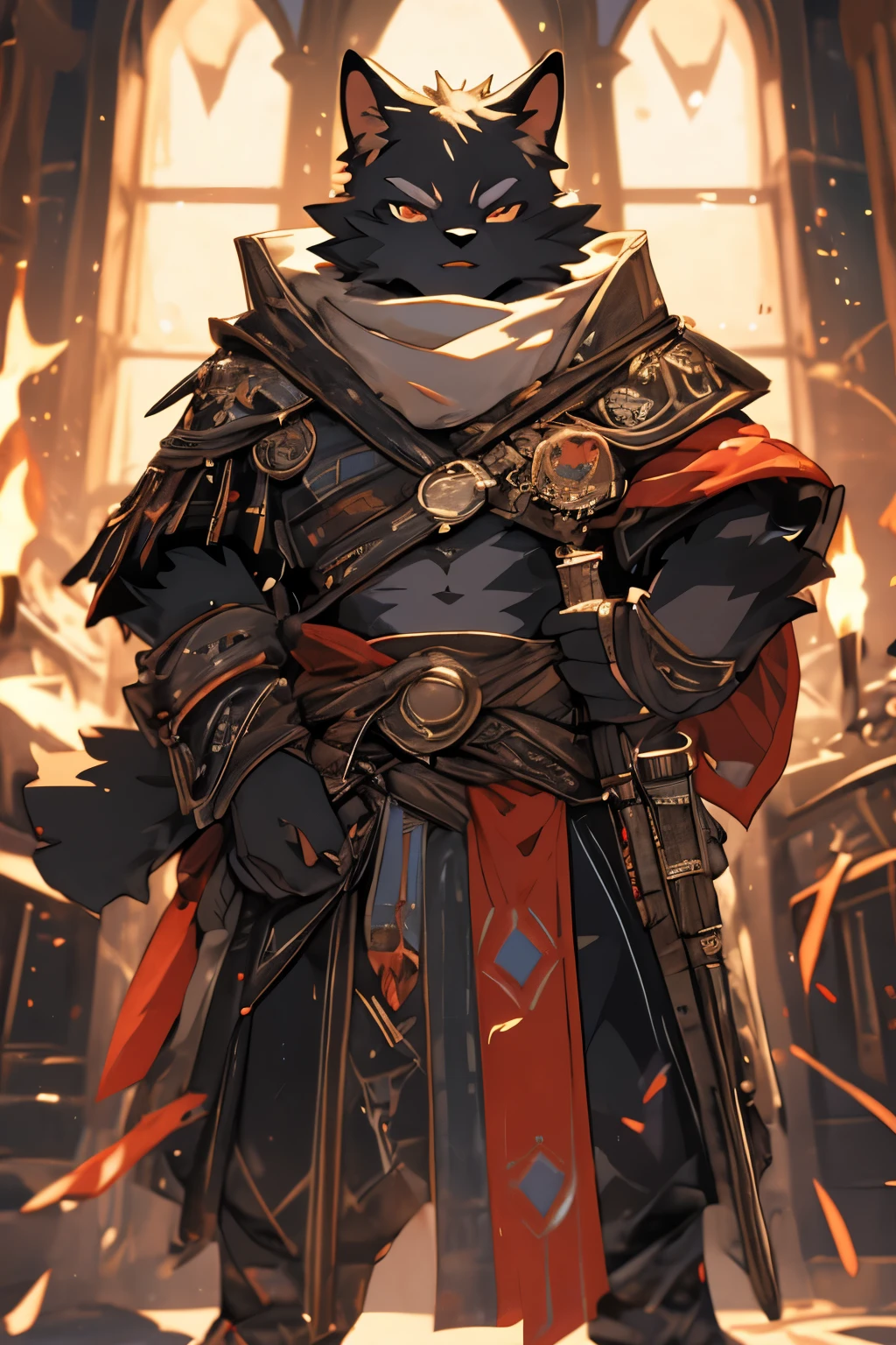 Fantasy , Black cat , Wizard , Magic Sword , ฺBlack coat , Red glove , holding a sword , Furry , male , D&D