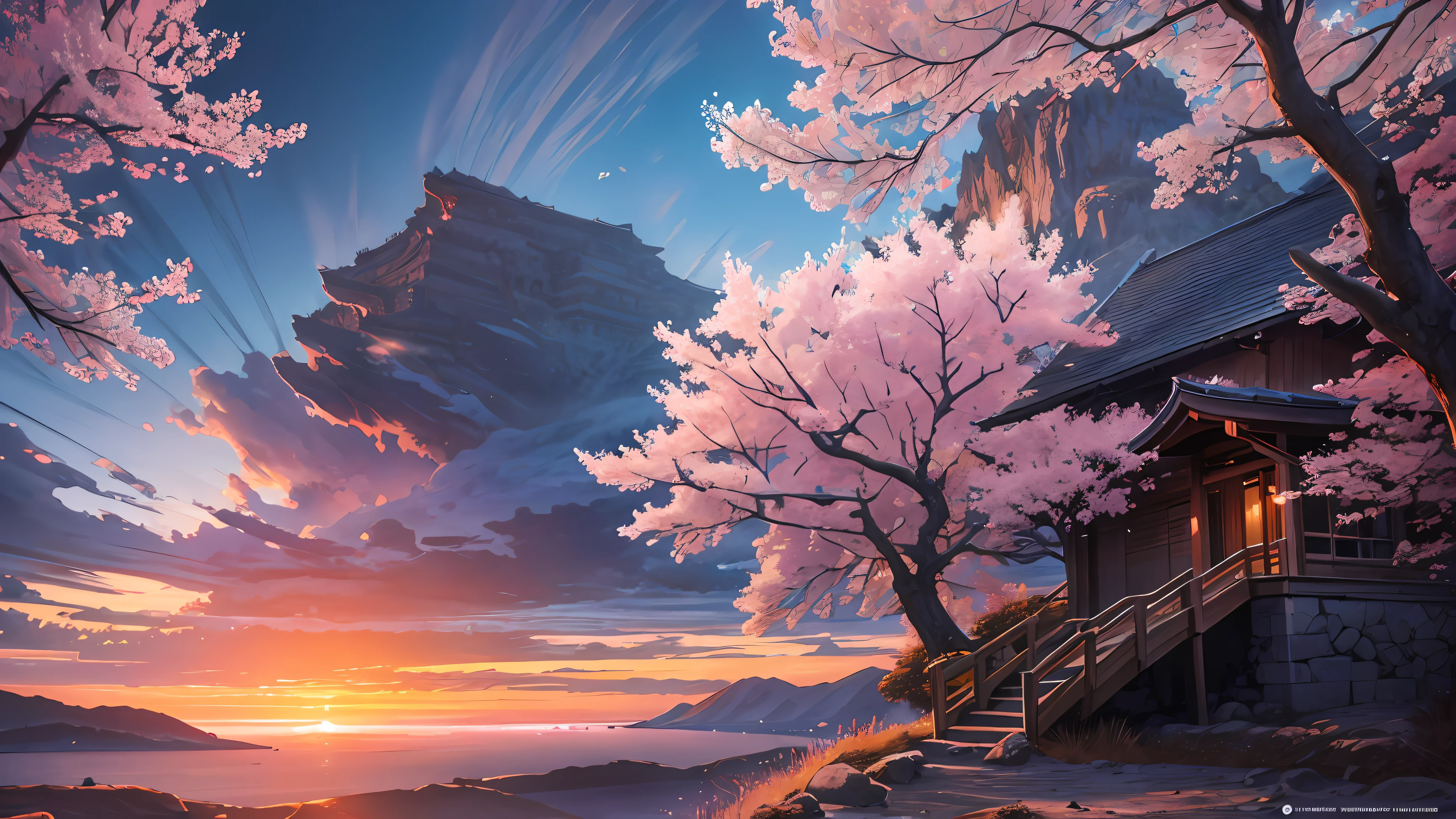 (masterpiece, best quality:1.2), ultra detailed, cinematic lighting, HDR, ilustration,  landsape,  sunrise,  cherry blossom, impressive, chill, inspirational,