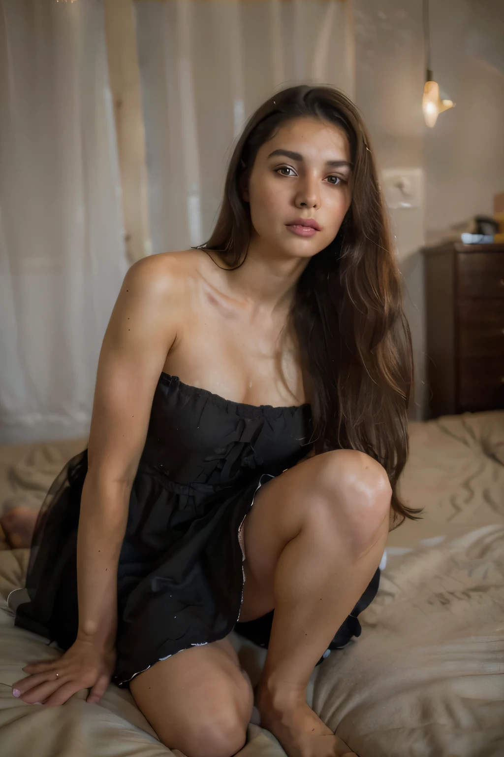 (Realistic), (RAW Photography), ((best quality)), ((masterpiece)), (detailed), perfect face epiCRealLife, (8k, highest quality, ultra detailed:1.37), analog style, model photography style, RAW, Photo of a beautiful girl, Mexican greek, brunette, long hair, fair white skin, sexy pose, full body, no tattoos, intricate details, flawless face, naughty, wearing a beautiful black dress. ((photorealistic):1.2), raw.
