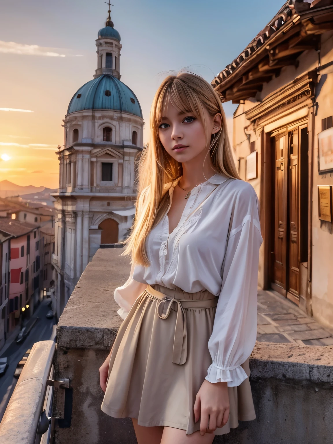 8K、master piece、highest quality、highest level、Highest image quality、muste piece、intricate details、high resolution、depth field、Natural light、professional lighting、A tourist city in Europe that has flourished since ancient times、The town is colored red by the setting sun、sunset sky、(1girl)、solo、Photographing an Italian girl from a distance、The girl's whole body is visible in the camera's viewfinder.、(cute:1.2)、(high detail skin: 1.2)、Photorealistic anime girl rendering、Realistic anime 3D style、beautiful bright blonde hair、intense blue eyes、strong eye highlights、big chest、perfect anatomy、crossed bangs、asymmetrical bangs、stick out ears、eyelashes、(casual fashion、hort boots)、Realistic Cars、((tourist cities in italy、The town is colored red by the setting sun、A streetscape with a sense of history、Luxury hotel with marble entrance、cafe terrace、high church tower、detailed old castle、sunset sky、Staring at the sunset and the city))、