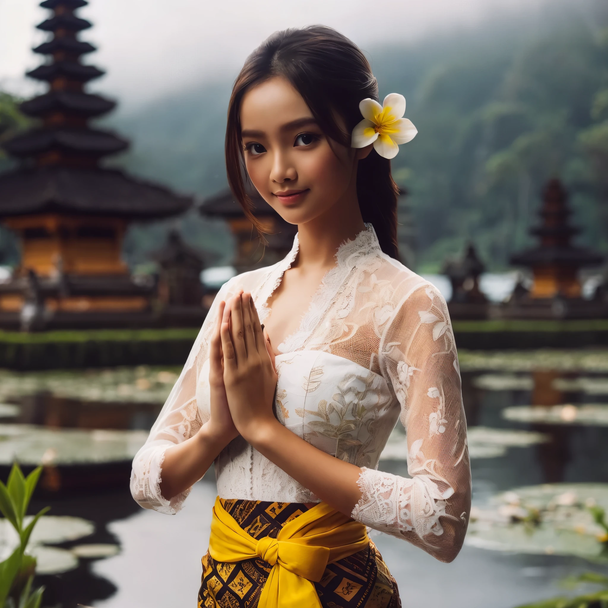 Centered, standing left side of photo, 1 girl, pakaian kebaya bali waran putih, sarung batik bali warna hitam, kain kuning diikatkan ke pinggang, rambut dikuncir rapi, bunga kamboja kecil terselip di kuping kanan, menelungkupkan tangan di depan dada, tersenyum tipis kepada penonton, pura dan danau sebagai background, close up, Rembrandt lighting, medium full shot