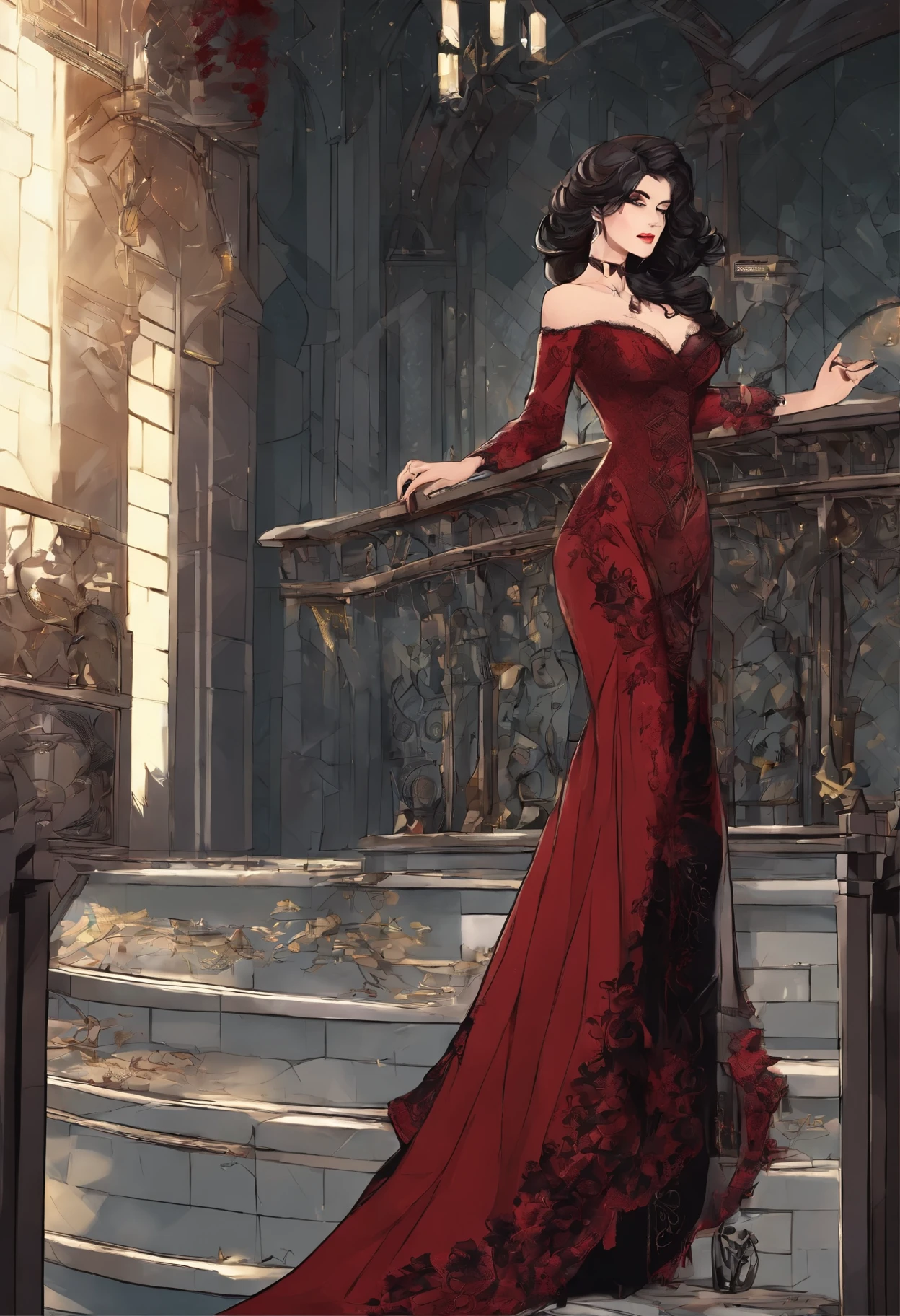 (masterpiece, top quality, best quality, official art, beautiful and aesthetic:1.2), (1girl:1.3), long and curly dark brown hair, ((extravagant updo)), Victorian style, extremely detailed, portrait, looking at viewer, solo, (full body:0.6), detailed background, close up, mischievous eyes, (cold midnight castle theme:1.1), extremely busty vampire, long fangs, blood on chin, huge lips, charlatan, smirk, mysterious, being seductive on a balcony, revealing gothic dress, lace, extremely tight bodice, black attire, red skirts, off shoulder, long sleeves, loose sleeves, black leather, cloak, corset, black dress, fishnets, thigh high black boots, buckles, straps, pouches, glowing blood magic energy, dark red fabric, silver trim, black leather, gigantic breasts, cleavage, skindentation, slim waist, slim hips, long legs, medieval (gothic castle exterior:1.1) background, nighttime, dark mysterious lighting, shadows, magical atmosphere, dutch angle, show breasts and nipples, nsfw, nudity