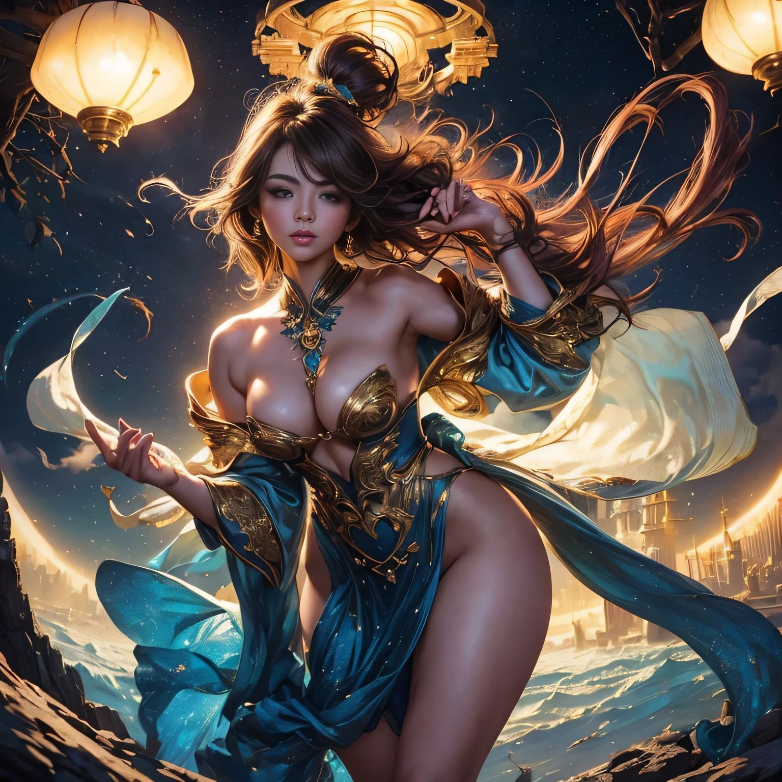 beautiful digital artwork、Fantasy and gorgeous lighting、gorgeous digital art、stunning digital illustration、digital fantasy art、3 D rendering character art 8 K、hight resolution、Detailed digital art、Graceful fantasy、nsfw、1girl、beautiful smiling face、Cowboy Shot、Balanced body shape with a length of 7 heads、Perfect growth、Beautiful curvaceous、A sexy、Pink hair、long curled hair、Woman with shining light、beautiful face、A detailed face、perfectly proportions、small breasts、small breasts thin waist、nabel、big butts、Raised clean buttocks、Crotch gap、thighs thighs thighs thighs、clong legs、Blue and Golden dress、Robe with translucent cape、Floating in space、Arms open to share energy with all things、goddes、(Tremendous wind:1.8)、(Hair and costume are disheveled:1.8)、Skin is exposed、A sexy、the background is the universe、In the dark、Lots of stars、Blur background、Light from the front:1.2、Lights on the face:1.2、
