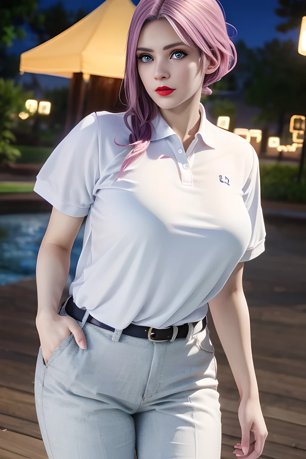 night,moonlight,1 girl,(White polo shirt:1.4),(casual pants),Outdoor activities,  (standing posture),grace,(((red lips))), Lips slightly open,  clavicle,(huge breasts:1.3),skin shiny,((8k, original photo, top quality, masterpiece)), HD RAW color photos professional close-up photos, (actual, photorealism: 1.37), (best quality),8k,Define detailed faces, tiny details,alone,Alice,