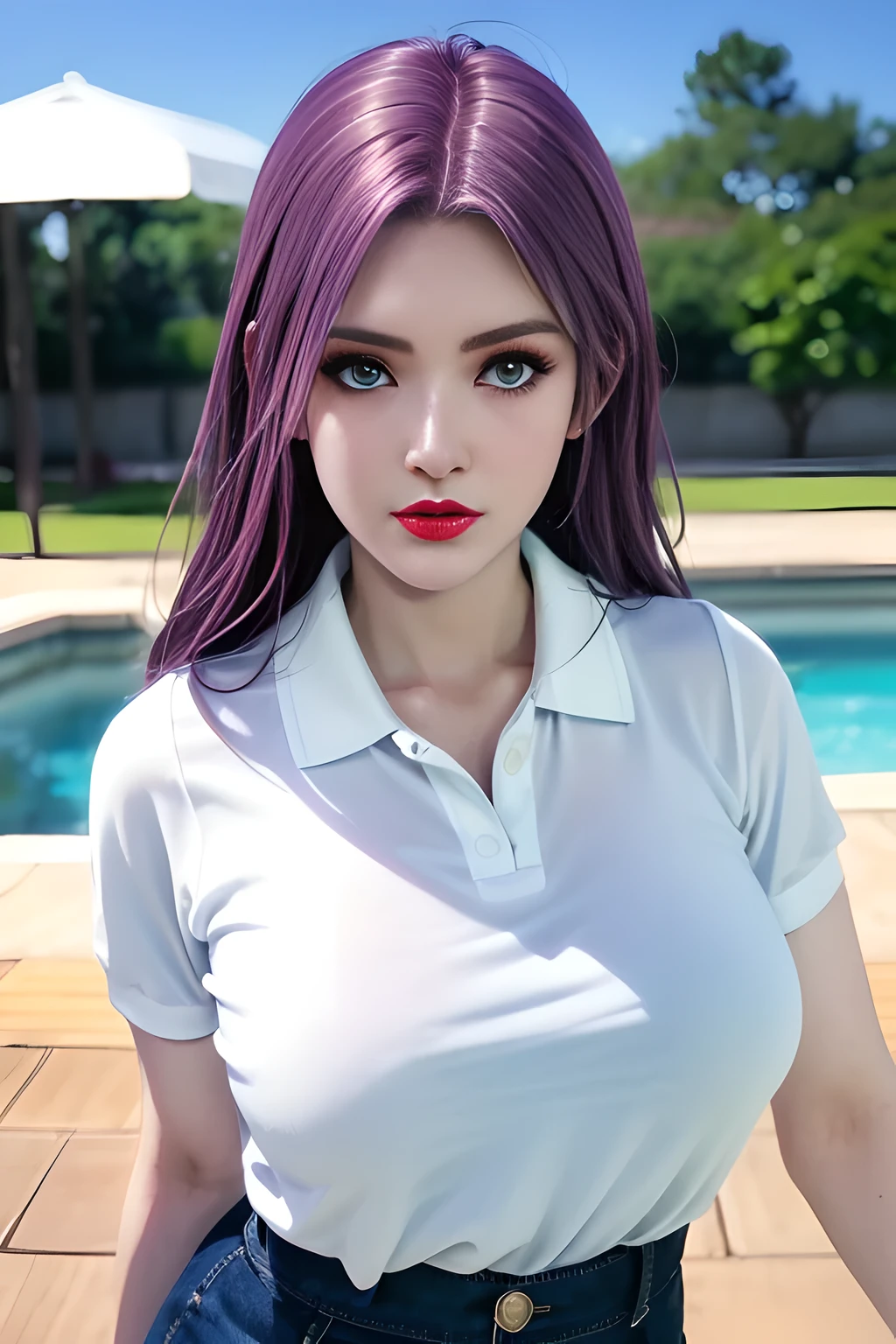 night,moonlight,1 girl,(White polo shirt:1.4),(casual pants),Outdoor activities, (standing posture),grace,(((red lips))), Lips slightly open, clavicle,(huge breasts:1.3),skin shiny,((8k, original photo, top quality, masterpiece)), HD RAW color photos professional close-up photos, (actual, photorealism: 1.37), (best quality),8k,Define detailed faces, tiny details,alone,Alice,