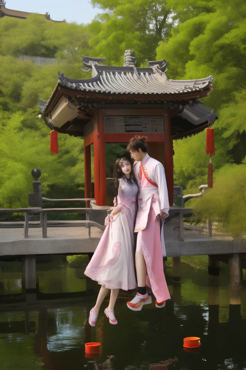 A couple clinging to each other，bun，Chinese style costume mage，perfect face，Chinese style background，Chinese style architecture，perfect hands，Tree Pavilion and Pond Gardening