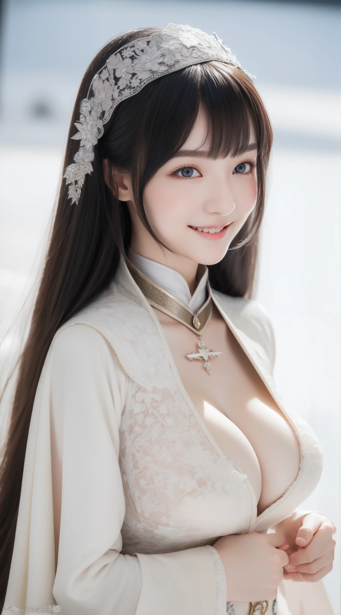 perfect figure beautiful girl:1.4, ars old, smile, cleavage, huge breast Layered Hair Style, (Cleric:1.5), Jewelry Decoration, veil, Highly Detailed Face and Skin Textur, double-edged eyelid, Whiten the skin, long hair,  (background snow plains), diamond dust,