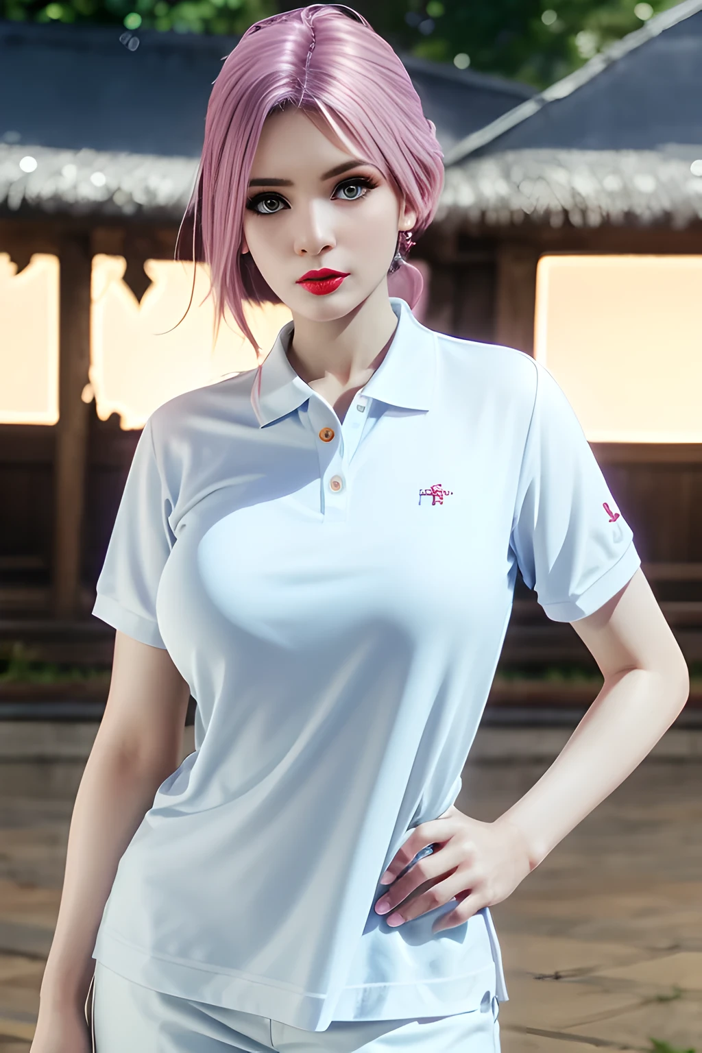 night,moonlight,1 girl,(White polo shirt:1.4),(casual pants),Outdoor activities,  (standing posture),grace,(((red lips))), Lips slightly open,  clavicle,(huge breasts:1.3),skin shiny,((8k, original photo, top quality, masterpiece)), HD RAW color photos professional close-up photos, (actual, photorealism: 1.37), (best quality),8k,Define detailed faces, tiny details,alone,Alice,