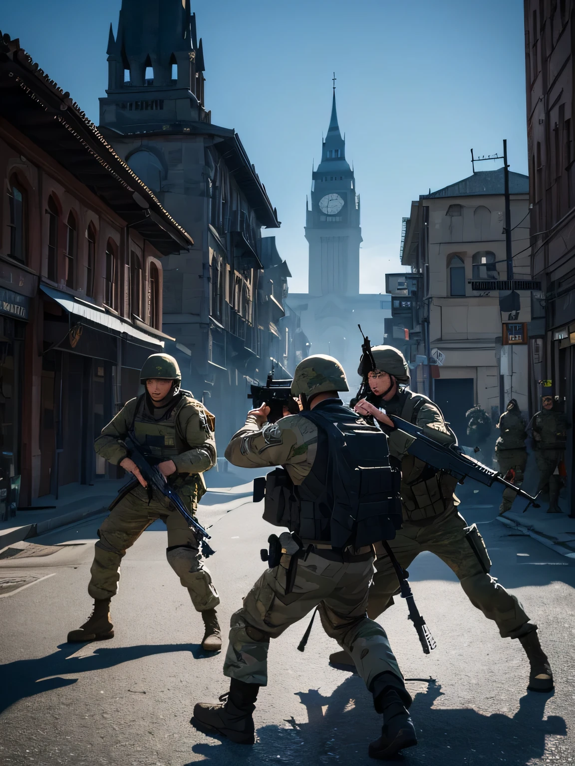 The defining moment,soldiers in the city,bell tower in background, fps shooting game concept art, concept art like ernest halimov, hell tactics, fps shooting game, fps shooting game concept, ???????? escalates, background artwork, game illustration, detailed game art illustration, Squad fights the enemy, fps shooting game, military art, realistic soldier, game art
