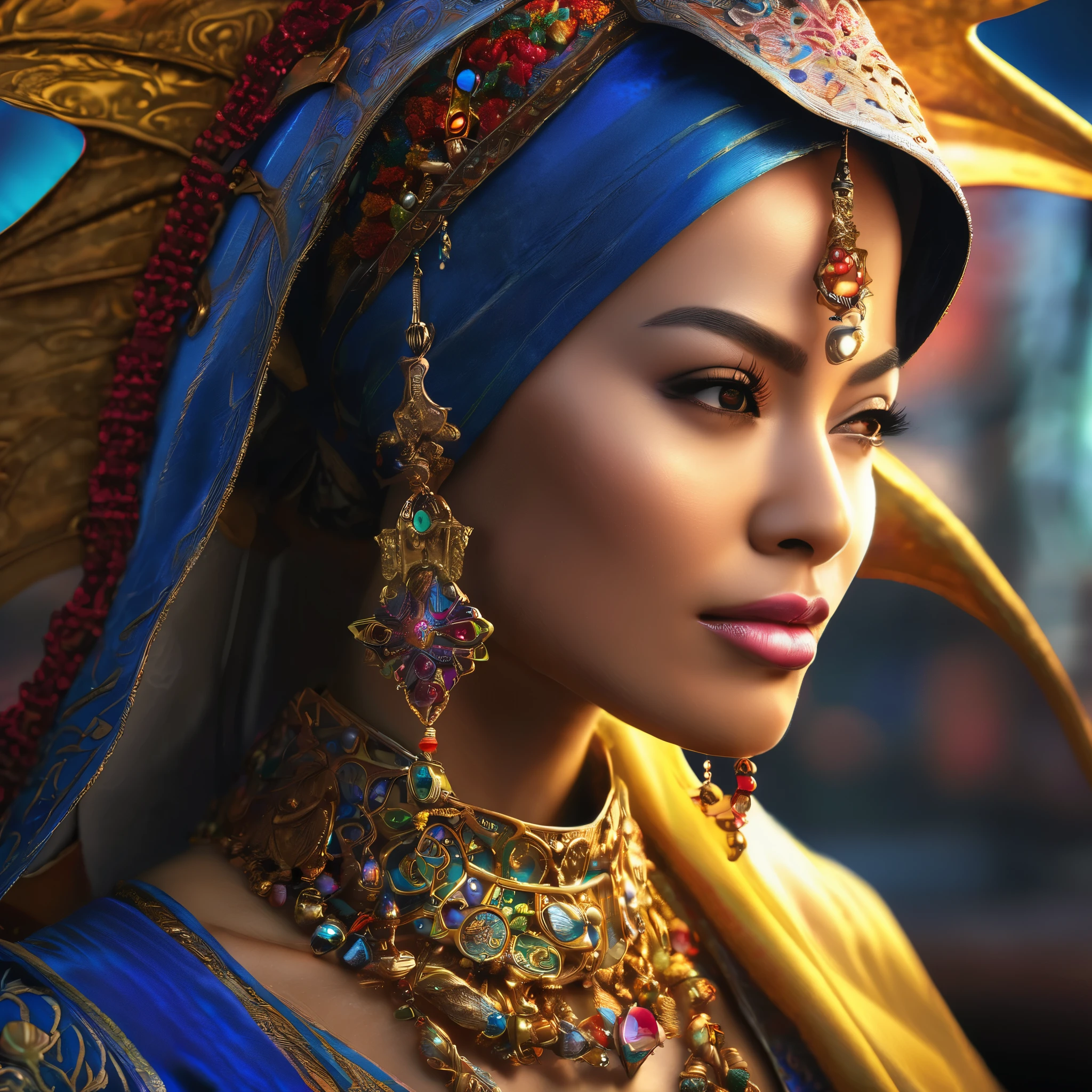 (busty malaysian woman:1.1, age 40:1.1, hijab no hair showing:1.1, athletic:1.1, many chains jewels and charms, wielding magic weapons), final showdown against a jeweled dragon, (best quality:1.2), ultra-detailed, realistic:1.37, HDR, studio lighting, vivid colors, portraits, sharp focus, physically-based rendering, extreme detail description, professional, bokeh, vibrant color palette, dramatic lighting