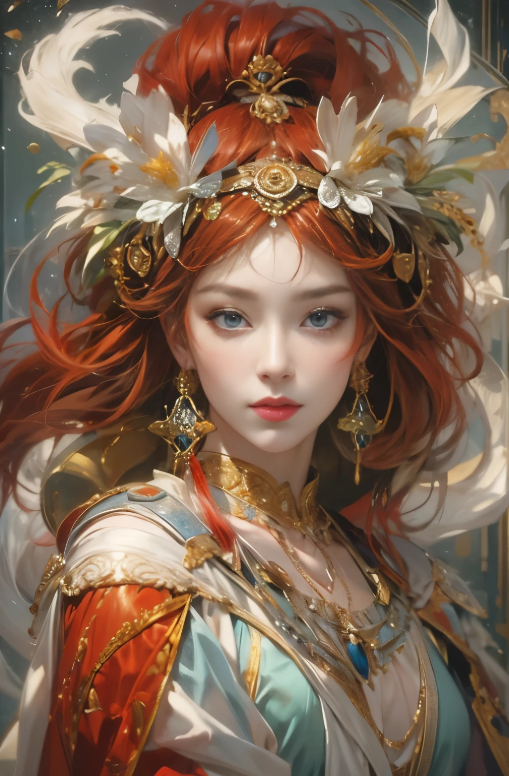 Greek Mythology, very beautiful red haired western woman, goddess of the moon, artemis, she looks 27 years old, peacefulness, silence, sacred, The height of sophistication, Prestigious, grace, Mysterious美貌,excellent, elegant, beautiful female hunter, Works that influenced Chen Yifei, Works that influenced Francesco Hayes, Inspired by Hendrik Terbruggen, Jean=Works that influenced Auguste Dominique Ingres, Works that influenced Liu Jun, Jean=Works that influenced Auguste Dominique Ingres, highest quality, perfect angle, perfect composition, best shot, official art, supreme work of art, cinematic light, figurative art, Beautiful and expressive paintings, Gorgeous and bright painting style, Beautiful artwork illustration, wonderful, cool beauty, clear, Mysterious, highest quality, official art, perfect composition, perfect angle, best shot, Perfect light and shadow contrast, Japanese-European eclectic, very stylish style, very fashionable, Very detailed and detailed painting style, Beautiful and delicate effects, women only, sharp outline, pretty much beautiful face, charm of mature women, highly detailed beautiful eyes, Very delicate eyes, Snow moon wind flower, Dream Bubble, Close-up