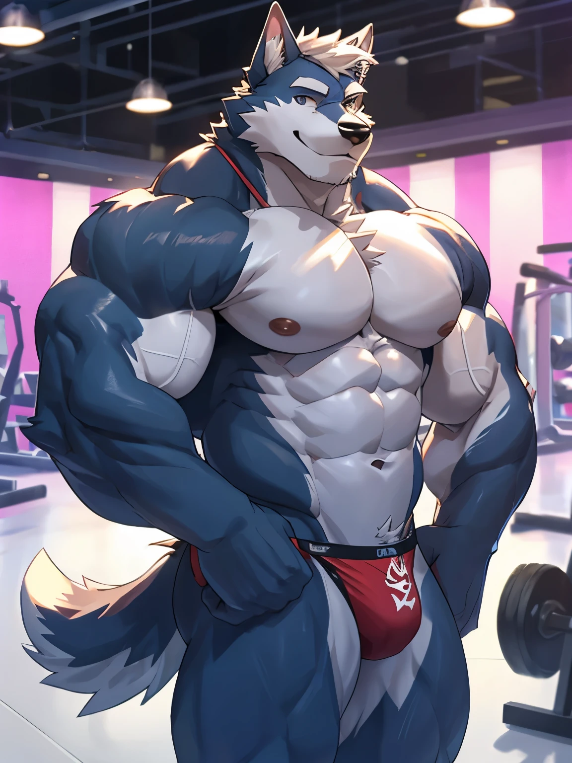 Dog, good looking, male, anthro, ultradetailed, muscular, solo, bareness, rippling muscles, muscles, gym background, tail, smiling, big pecs, looking at viewer, ?????, bara,