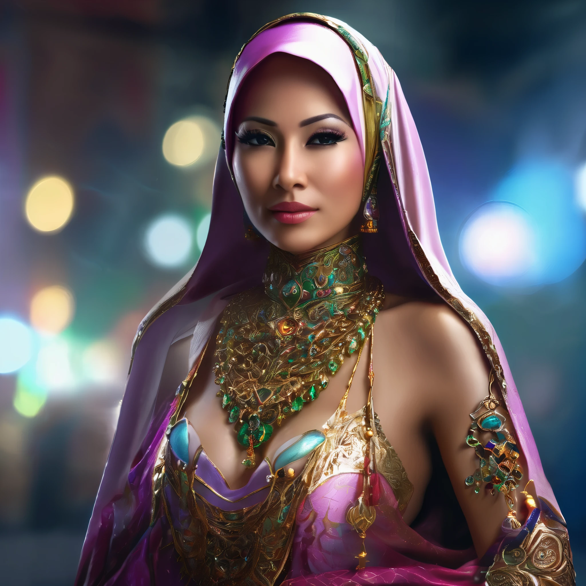 (busty malaysian woman:1.1, age 40:1.1, hijab no hair showing:1.1, athletic:1.1, many chains jewels and charms, wielding magic weapons), final showdown against a jeweled dragon, (best quality:1.2), ultra-detailed, realistic:1.37, HDR, studio lighting, vivid colors, portraits, sharp focus, physically-based rendering, extreme detail description, professional, bokeh, vibrant color palette, dramatic lighting