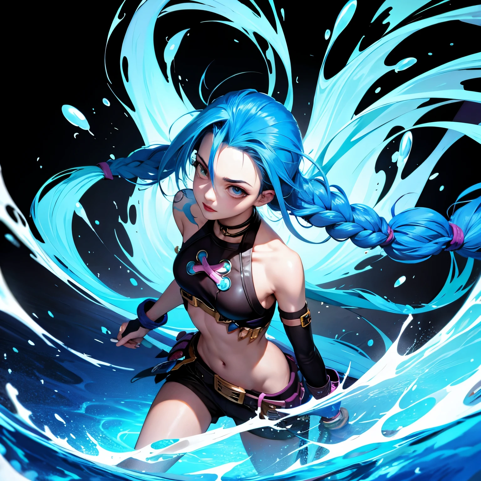 (ultra detailed,ultra high res,detailed background),((2D)),((flat color)),((dark colors)),((floating colorful water)),1men,solo,looking at viewer,BREAK, Jinx, League of Legends, blue hair