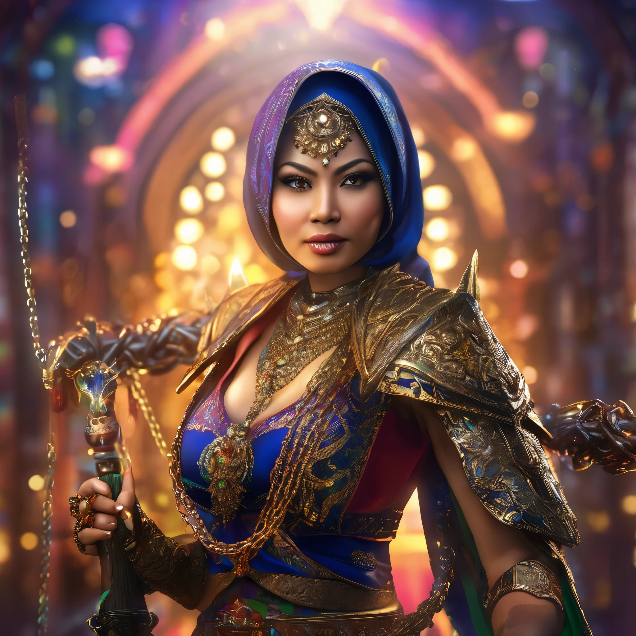 (busty malaysian woman:1.1, age 40:1.1, hijab no hair showing:1.1, athletic:1.1, many chains jewels and charms, wielding magic weapons), final showdown against a jeweled dragon, (best quality:1.2), ultra-detailed, realistic:1.37, HDR, studio lighting, vivid colors, portraits, sharp focus, physically-based rendering, extreme detail description, professional, bokeh, vibrant color palette, dramatic lighting
