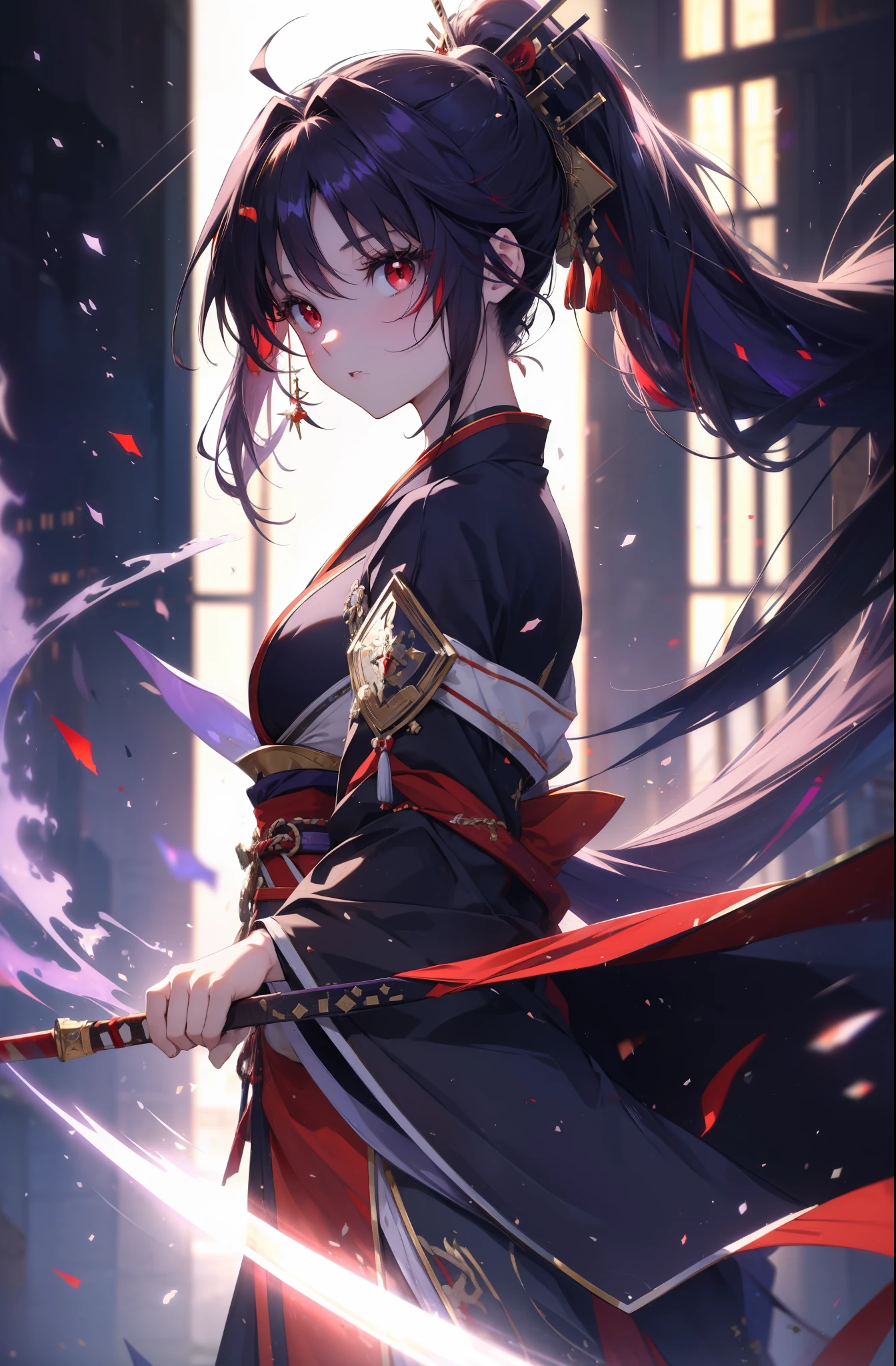 yuukikonno, Yuki Konno, hair band, long hair, pointed ears,ponytail, purple hair, (red eyes:1.5), (small breasts:1.2), open your mouth,red kimono,Purple too,white foot bag,grass sandals,Japan sword 1:1 Hold the grip in your hand,
break looking at viewer, Upper body, whole body,
break outdoors, medieval europe cityscape,
break (masterpiece:1.2), highest quality, High resolution, unity 8k wallpaper, (shape:0.8), (thin and beautiful eyes:1.6), highly detailed face, perfect lighting, Very detailed CG, (perfect hands, perfect anatomy),