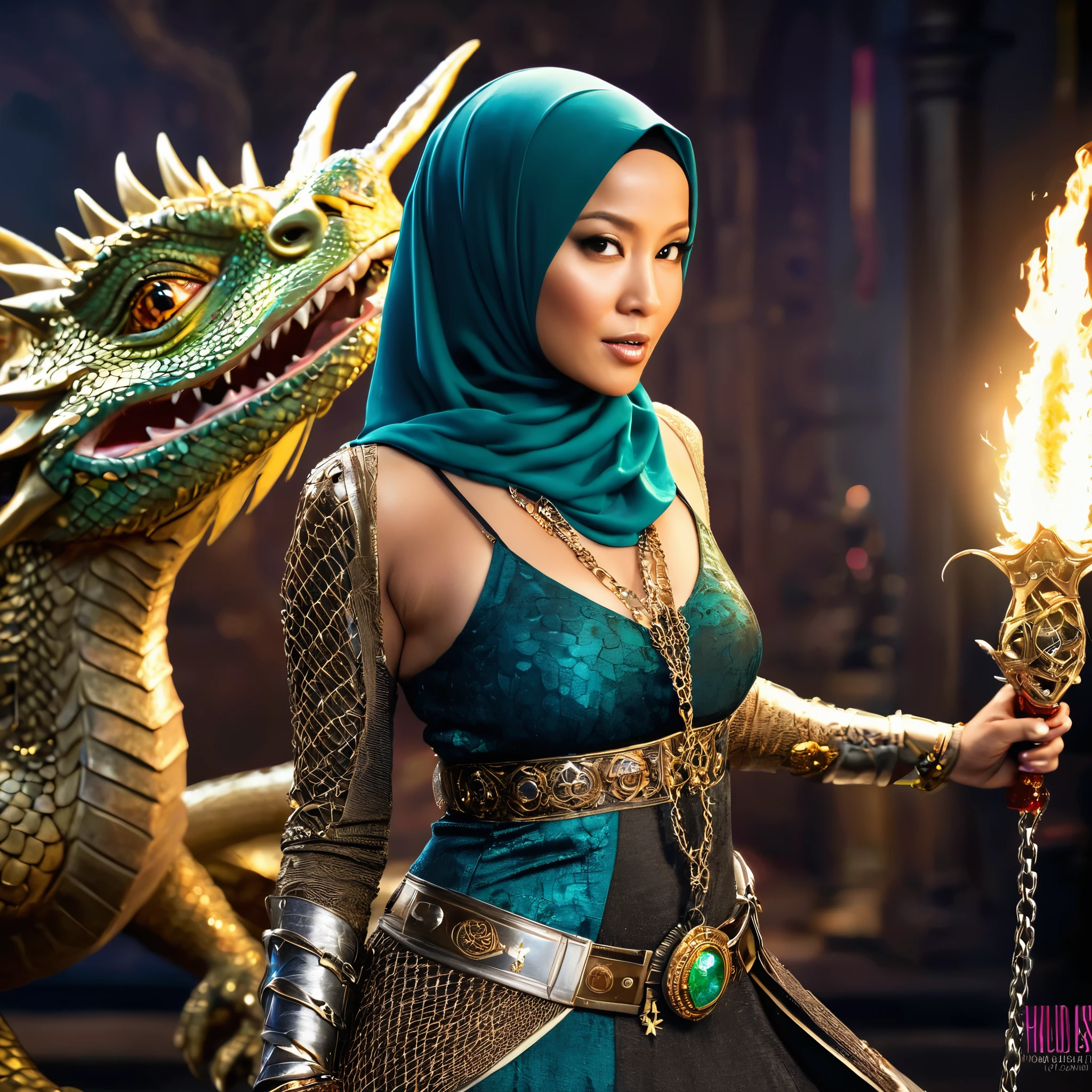 (busty malaysian woman:1.1, age 40:1.1, hijab no hair showing:1.1, athletic:1.1, many chains jewels and charms, wielding magic weapons), final showdown against a jeweled dragon, (best quality:1.2), ultra-detailed, realistic:1.37, HDR, studio lighting, vivid colors, portraits, sharp focus, physically-based rendering, extreme detail description, professional, bokeh, vibrant color palette, dramatic lighting