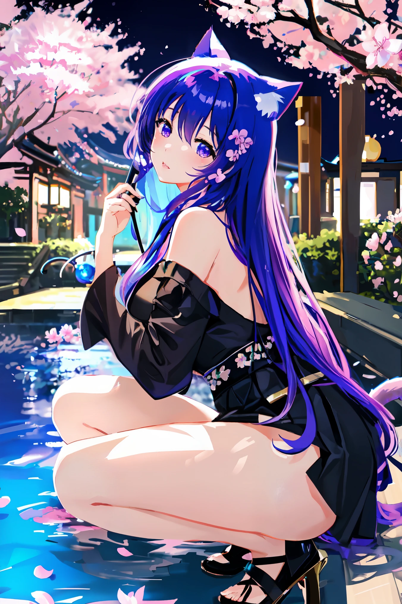 anime、1 female、bottom angle、whole body、semi-long、shiny blue and purple hair、Cat ear、curly hair、black eye、dense lips、well-groomed face、black dresini skirt、cherry blossoms、cherry blossoms吹雪、Kyoto cityscape、garden、pool、night、full moon、masterpiece、ultra high resolution、delicate、16k、perfect lighting