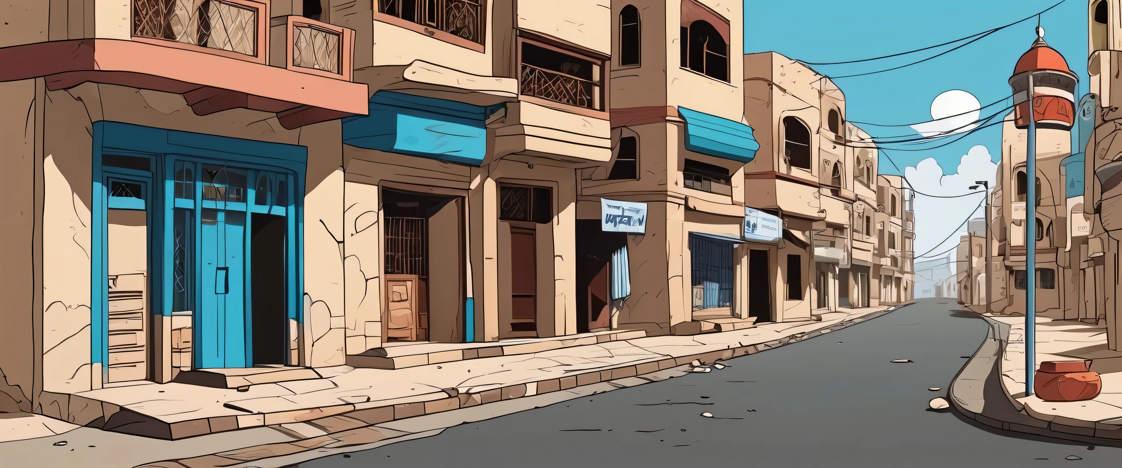 A cartoon empty cross Street in Yemen Aden, THE FAMILY GUY style, minimalist, best quality