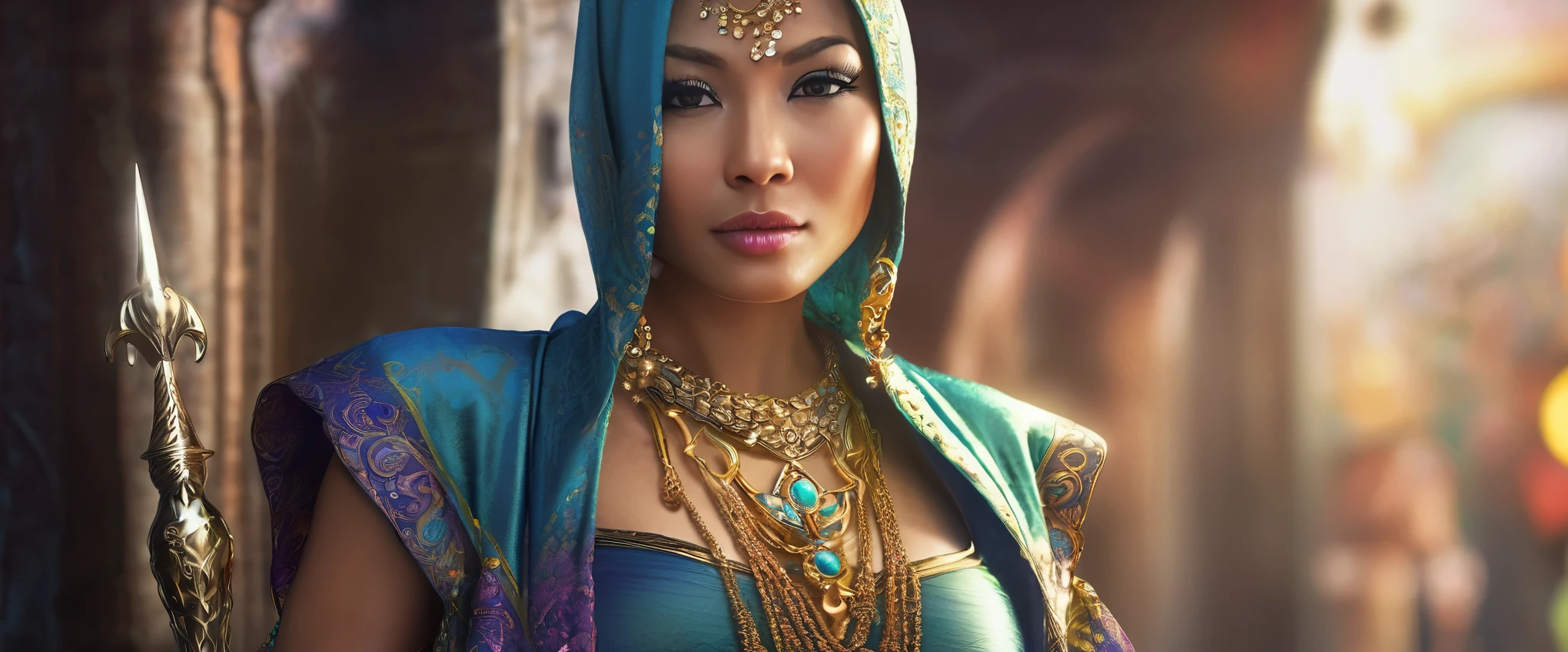 (busty malaysian woman:1.1, age 40:1.1, hijab no hair showing:1.1, athletic:1.1, many chains jewels and charms, wielding magic weapons), final showdown against a jeweled dragon, (best quality:1.2), ultra-detailed, realistic:1.37, HDR, studio lighting, vivid colors, portraits, sharp focus, physically-based rendering, extreme detail description, professional, bokeh, vibrant color palette, dramatic lighting,
