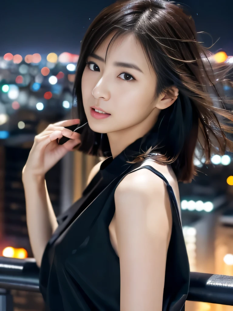 NSFW,highest quality,excellent details,ultra high resolution,1 girl,japanese actress,beauty,{please open your mouth wide:1.5},{hair blowing in the wind:15.},looking at camera,black sleeveless,pants,manhattan street,fly in the sky,night view,Tokyo Tower,from the sky