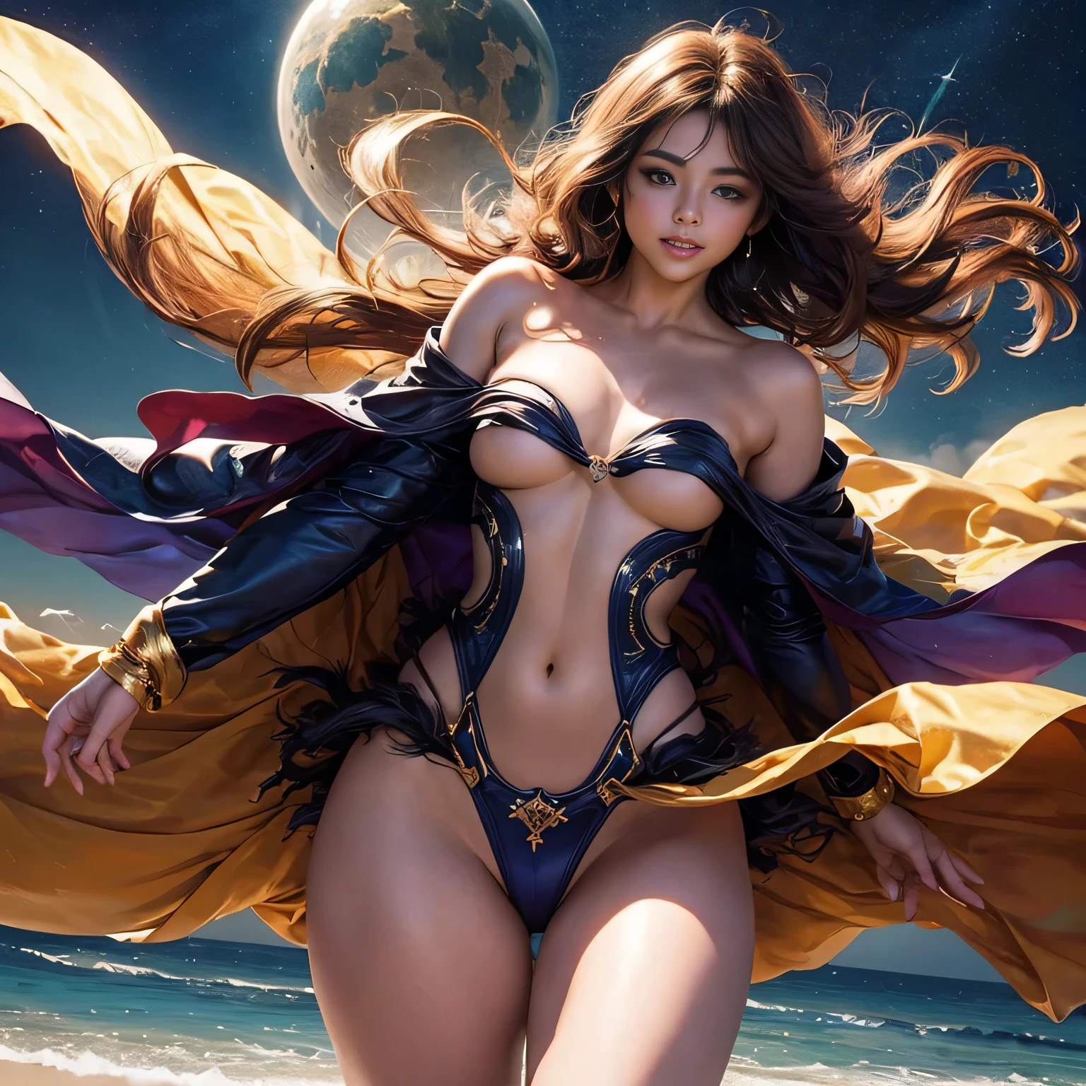 beautiful digital artwork、Fantasy and gorgeous lighting、gorgeous digital art、stunning digital illustration、digital fantasy art、3 D rendering character art 8 K、hight resolution、Detailed digital art、Graceful fantasy、nsfw、1girl、beautiful smiling face、Cowboy Shot、Balanced body shape with a length of 7 heads、Perfect growth、Beautiful curvaceous、A sexy、Pink hair、long curled hair、Woman with shining light、beautiful face、A detailed face、perfectly proportions、small breasts、small breasts thin waist、nabel、big butts、Raised clean buttocks、Crotch gap、thighs thighs thighs thighs、clong legs、Violet dress、Robe with translucent cape、Floating in space、Arms open to share energy with all things、goddes、(Tremendous wind:1.8)、(Hair and costume are disheveled:1.8)、Skin is exposed、A sexy、the background is the universe、In the dark、Lots of stars、Blur background、Light from the front:1.2、Lights on the face:1.2、