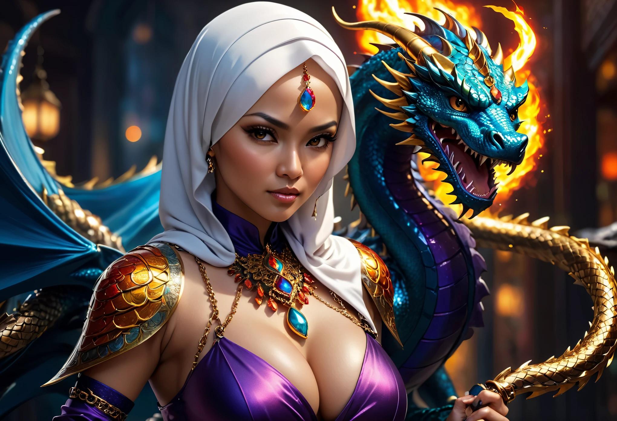 (busty malaysian woman:1.1, age 40:1.1, hijab no hair showing:1.1, athletic:1.1, many chains jewels and charms, wielding magic weapons), final showdown against a jeweled dragon, (best quality:1.2), ultra-detailed, realistic:1.37, HDR, studio lighting, vivid colors, portraits, sharp focus, physically-based rendering, extreme detail description, professional, bokeh, vibrant color palette, dramatic lighting, show their fiery battle