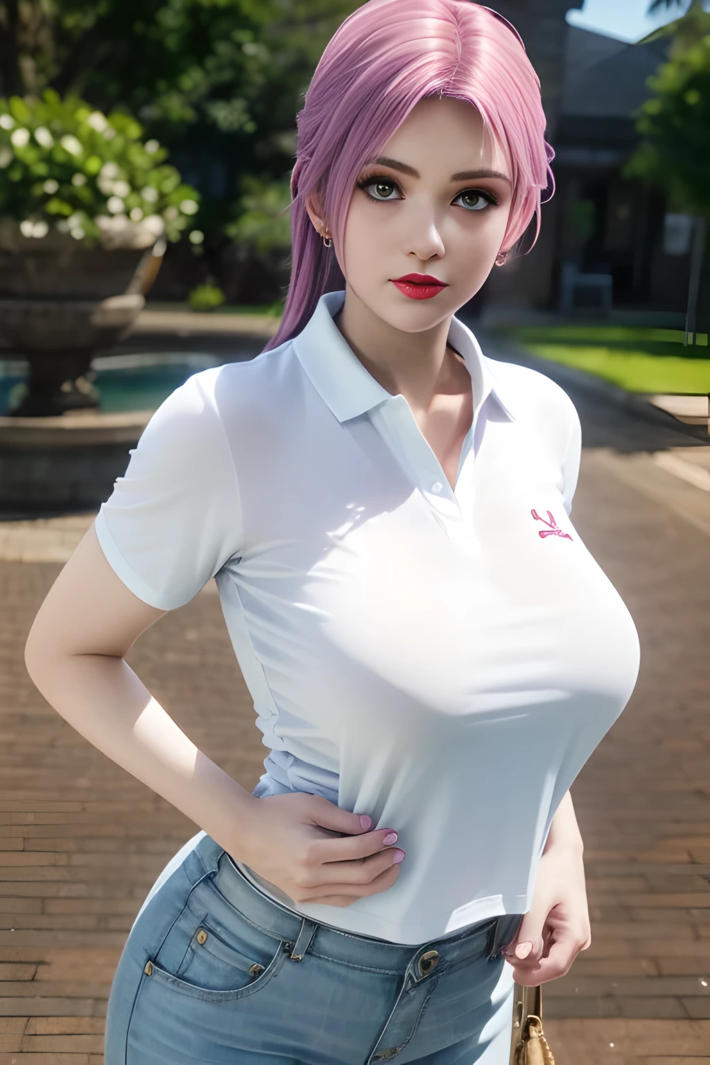 night,moonlight,1 girl,(White polo shirt:1.4),(casual pants),Outdoor activities,  (standing posture),grace,(((red lips))), Lips slightly open,  clavicle,(huge breasts:1.3),skin shiny,((8k, original photo, top quality, masterpiece)), HD RAW color photos professional close-up photos, (actual, photorealism: 1.37), (best quality),8k,Define detailed faces, tiny details,alone,Alice,