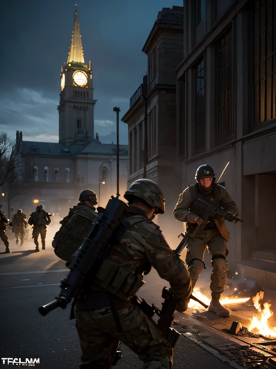 The defining moment,soldiers in the city,bell tower in background, fps shooting game concept art, concept art like ernest halimov, hell tactics, fps shooting game, fps shooting game concept, ???????? escalates, background artwork, game illustration, detailed game art illustration, Squad fights the enemy, fps shooting game, military art, realistic soldier, game art