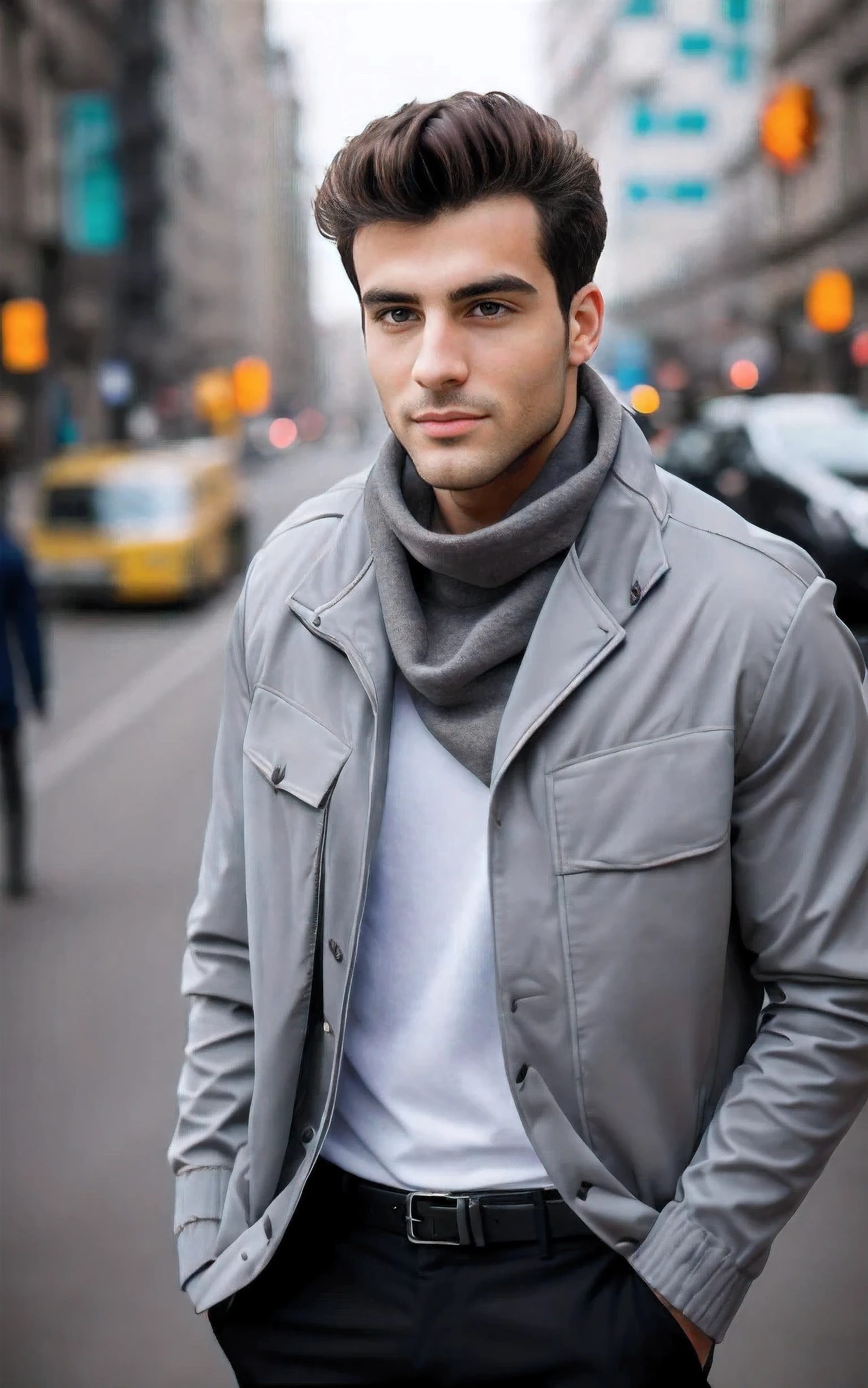 arafed man in a gray jacket and scarf standing on a city street, dressed in a gray, wearing a turtleneck and jacket, handsome man, raphael personnaz, on the street, on the street, in city street, handsome male, at a city street, male model, standing in a city street, beautiful young man, young handsome man