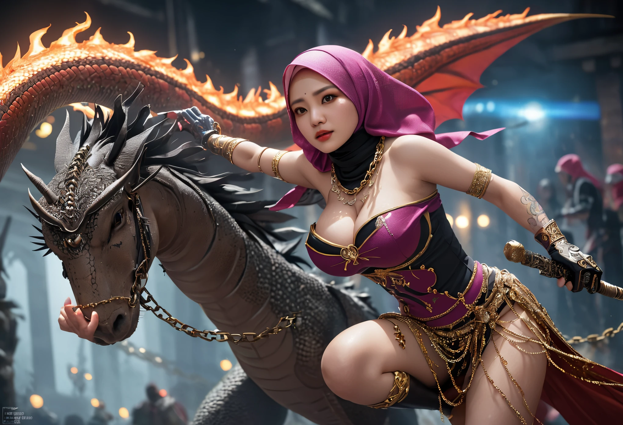 (busty malaysian woman:1.1, age 40:1.1, hijab no hair showing:1.1, athletic:1.1, many chains jewels and charms, wielding magic weapons), final showdown against a jeweled dragon, (best quality:1.2), ultra-detailed, realistic:1.37, HDR, studio lighting, vivid colors, portraits, sharp focus, physically-based rendering, extreme detail description, professional, bokeh, vibrant color palette, dramatic lighting, show their fiery battle