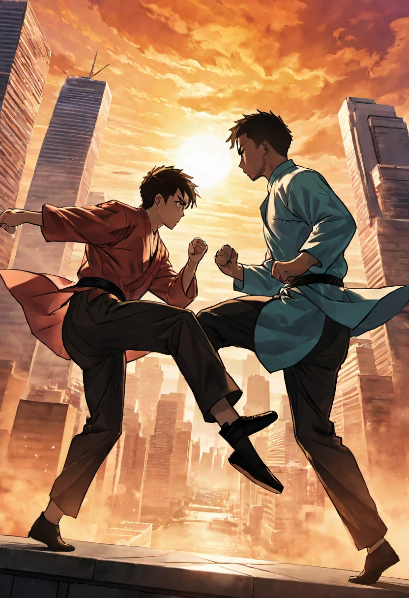 A dramatic and intense final showdown scene, where two skilled martial artists are engaged in a high-stakes battle. The background is a city skyline with tall, modern buildings, and a vibrant sunset. The atmosphere is a mix of adrenaline and suspense, with a sense of the stakes being higher than ever.