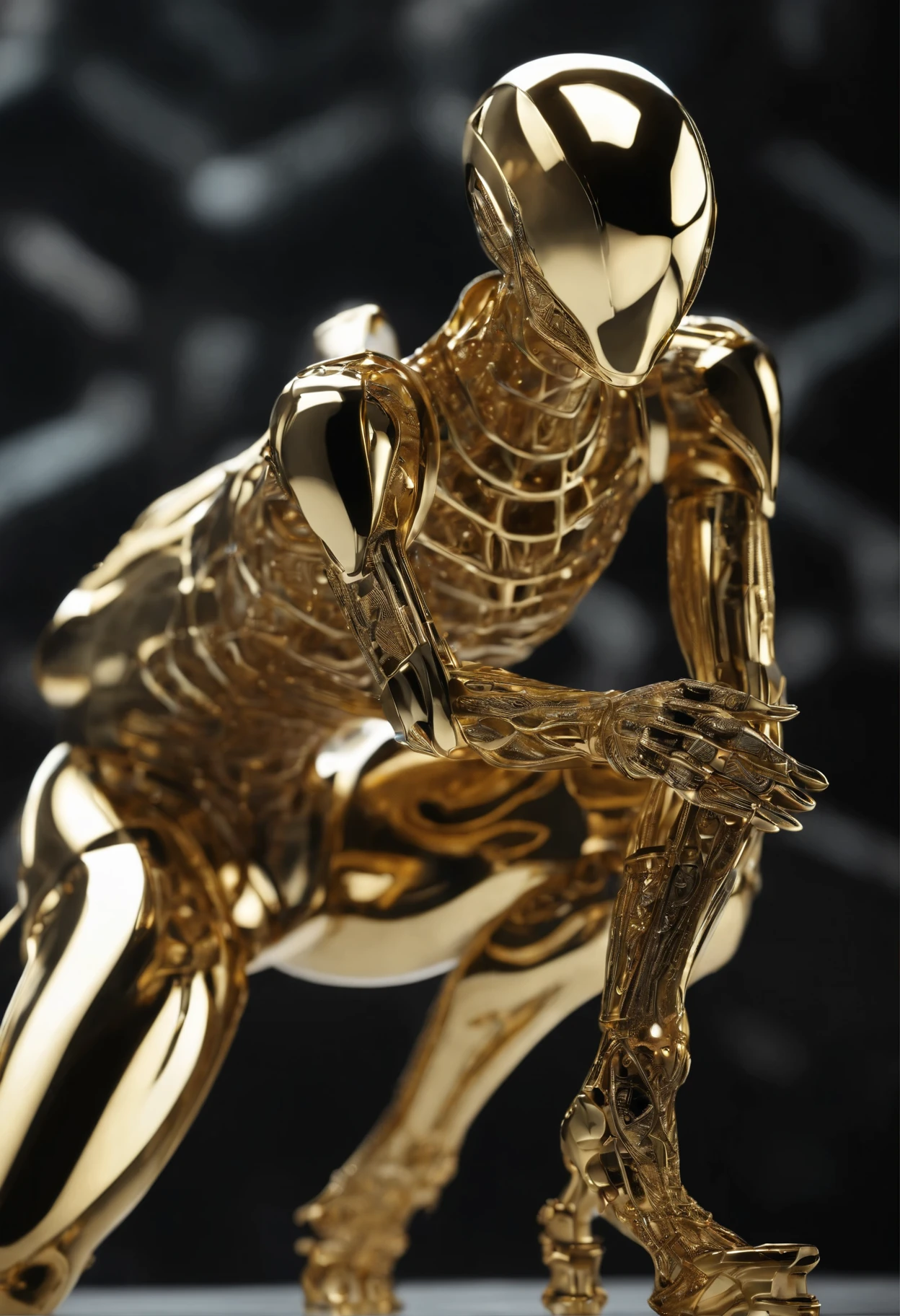An alien, polished metallic android with intricate golden accents, its articulated limbs poised gracefully on a marble chessboard. Its transparent casing reveals a mesmerizing array of pulsating lights, reminiscent of vintage 80s tech, intricate circuitry hums with life.