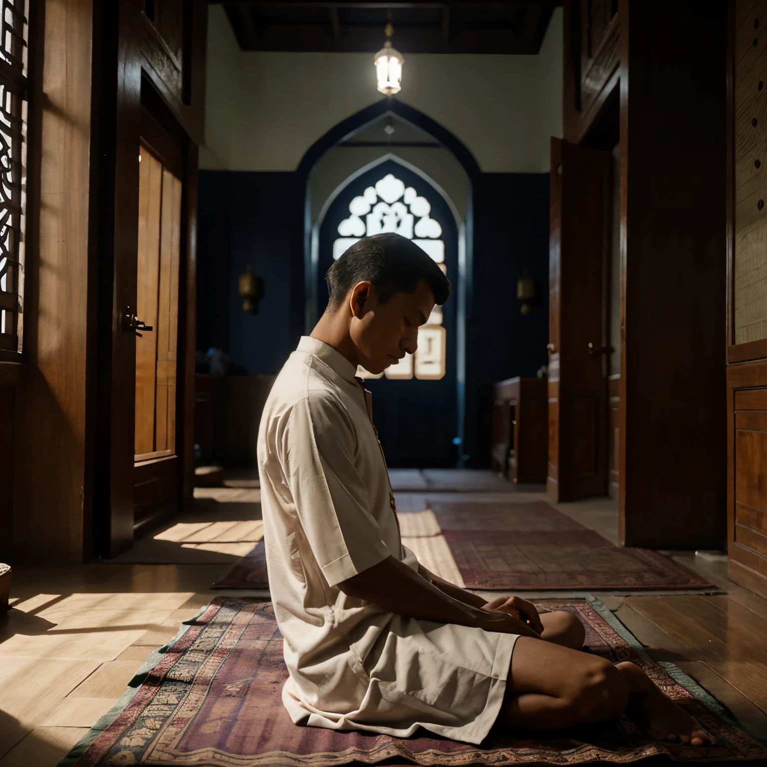 side view ,thin man wearing a long Javanese Muslim shirt indonesian and songkok, is sitting and leading praying closing his eyes. background inside the mosque, evening atmosphere, blue hour