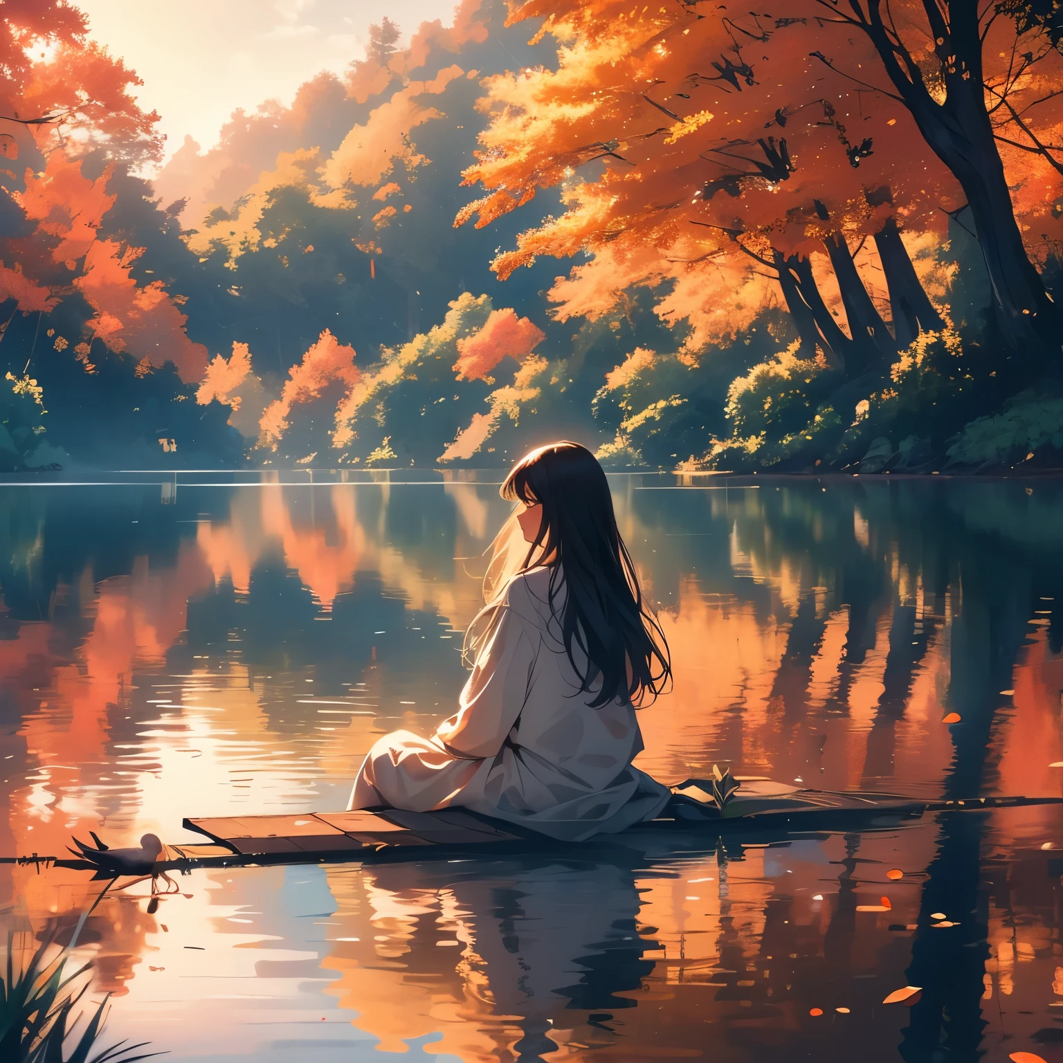 (highres,best quality,stunning),1girl,sitting,fishing,lake,forest,back view,chicken,serene scenery,peaceful atmosphere,nature vibes,sunlight filtering through trees,gentle breeze,calm water surface,ripples,green surroundings,leafy trees,tranquil ambiance,stillness,reflection on the water,mysterious atmosphere,dappled sunlight,beautiful landscape,harmonious colors,harvest time,vivid autumn foliage,autumnal hues,bountiful harvest baskets,serene girl,flowing hair,concentration,focus,patience,tranquility,simple pleasures,contentment,graceful posture,forest sounds,subtle sounds of nature,birds chirping,lake's gentle lapping,feeling of solitude,nature getaway