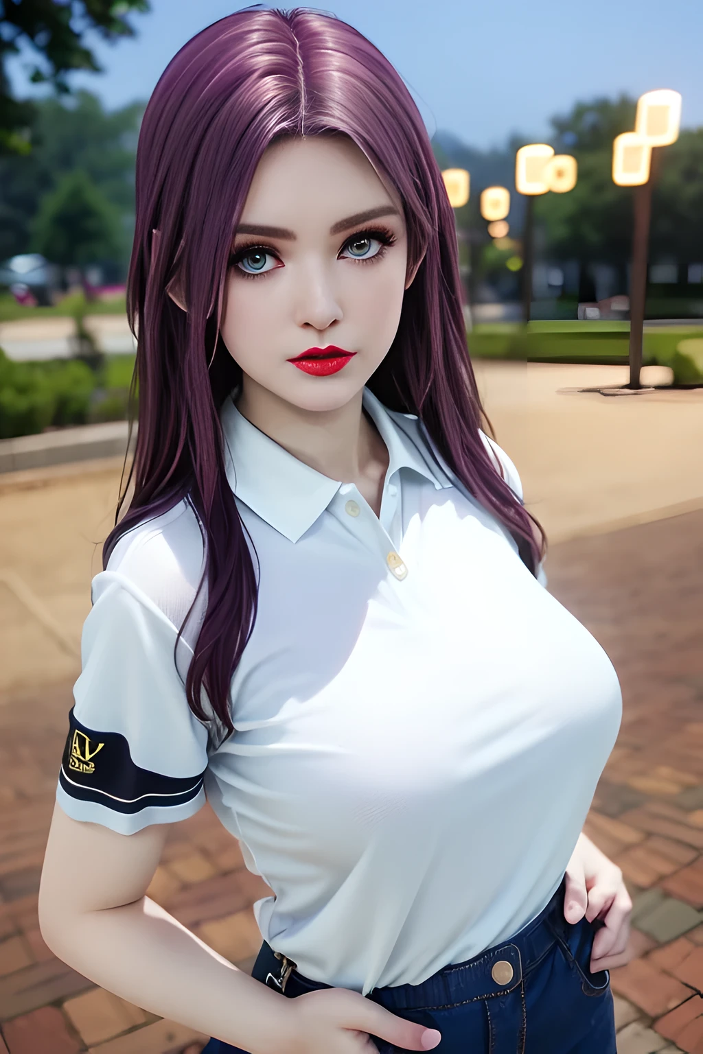 night,moonlight,1 girl,(White polo shirt:1.4),(casual pants),Outdoor activities, (standing posture),grace,(((red lips))), Lips slightly open, clavicle,(huge breasts:1.3),skin shiny,((8k, original photo, top quality, masterpiece)), HD RAW color photos professional close-up photos, (actual, photorealism: 1.37), (best quality),8k,Define detailed faces, tiny details,alone,Alice,