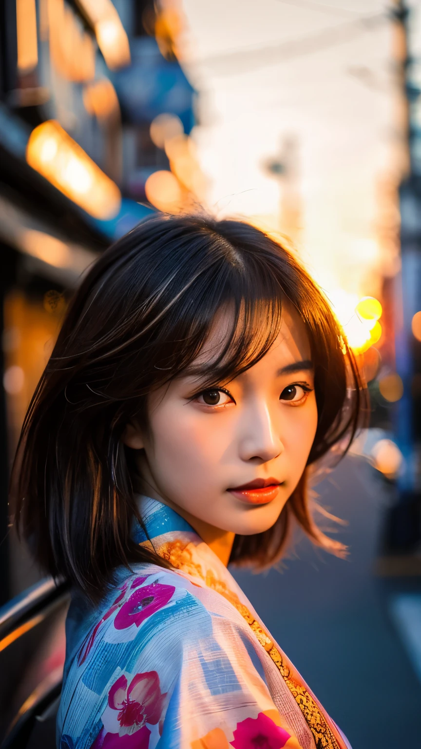 Beautiful Japanese supermodel woman, A lock of hair with slight highlights, black eyes, mixed media, Sexy,street background,Gorgeous kimono , Liquid color flows across her face, Sunset,Photo by Wang Luodan,god of wealth