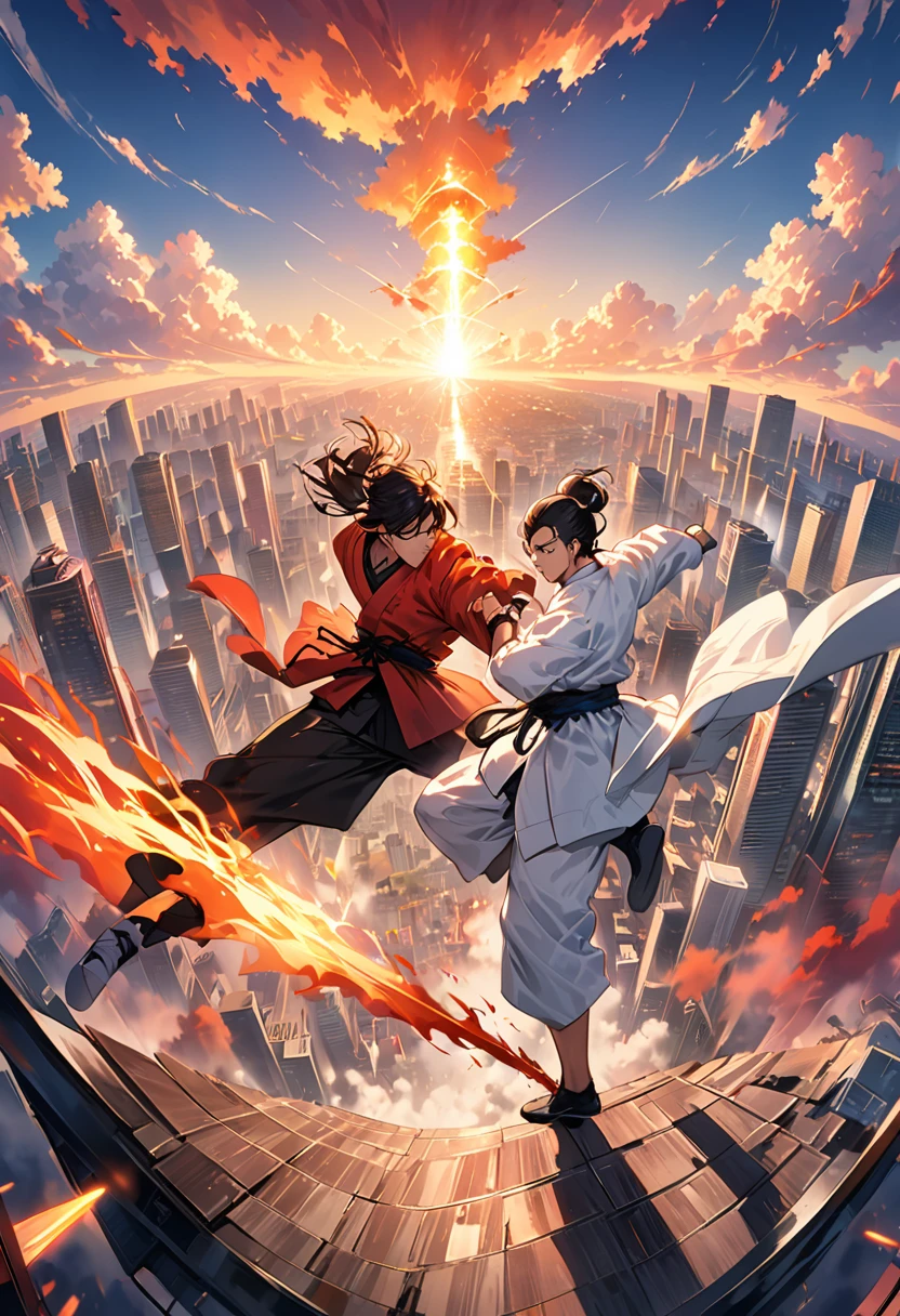 Anime illustration,, A dramatic and intense final showdown scene, where two skilled martial artists are engaged in a high-stakes battle. The background is a city skyline with tall, modern buildings, and a vibrant sunset. The atmosphere is a mix of adrenaline and suspense, with a sense of the stakes being higher than ever., high res, best quality, masterpiece, 