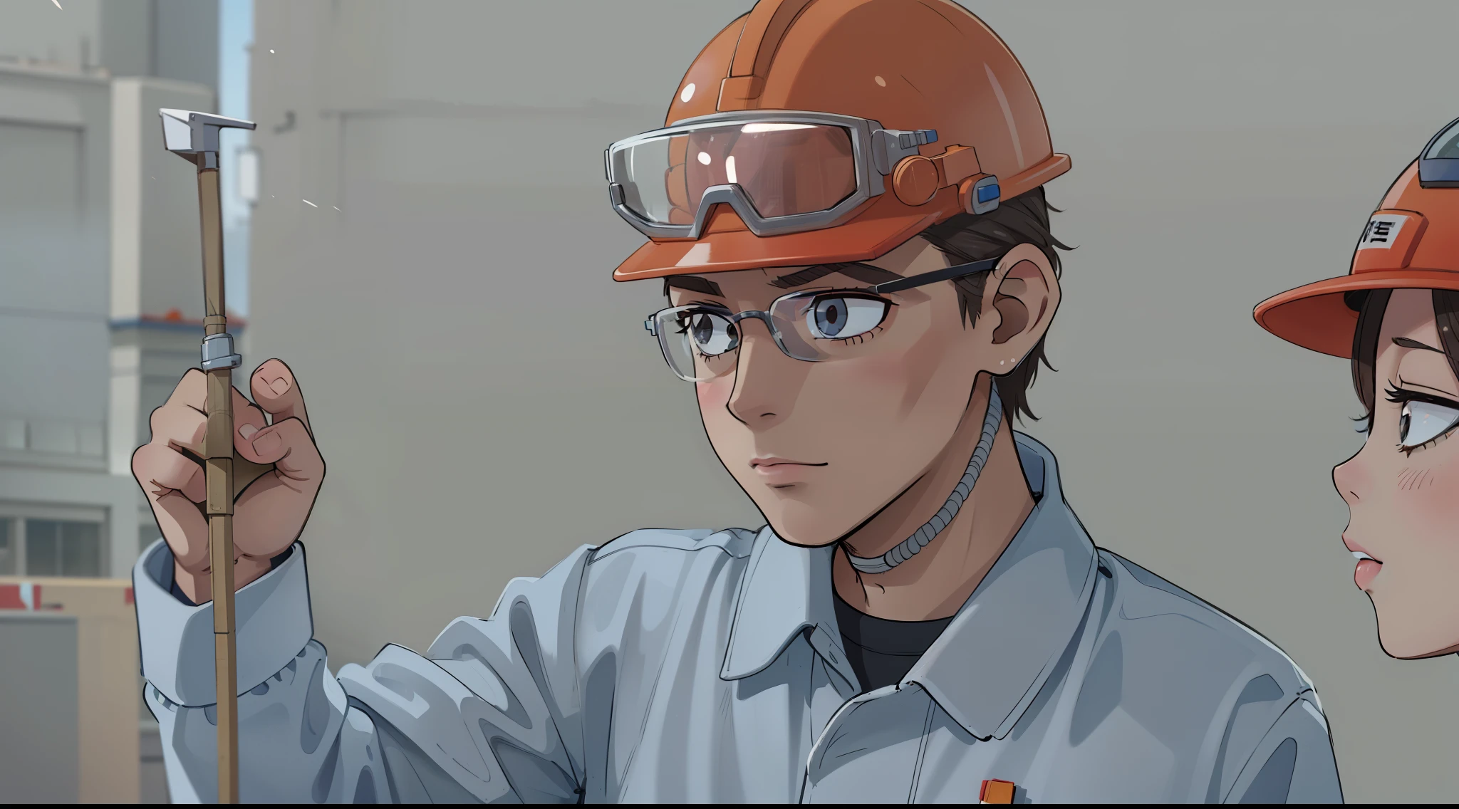 Man dressed as construction worker looking forward, Equipped with helmet and tool strap, Engage in construction activities, Convey feelings of friendship, Cute and approachable personality, Authentic and recognizable architectural clothing, 、Display protective equipment responsibly, Busy and productive work at the construction site, Cooperative interaction with other workers, Warm and pleasant environment, Frontal photos that attract viewers