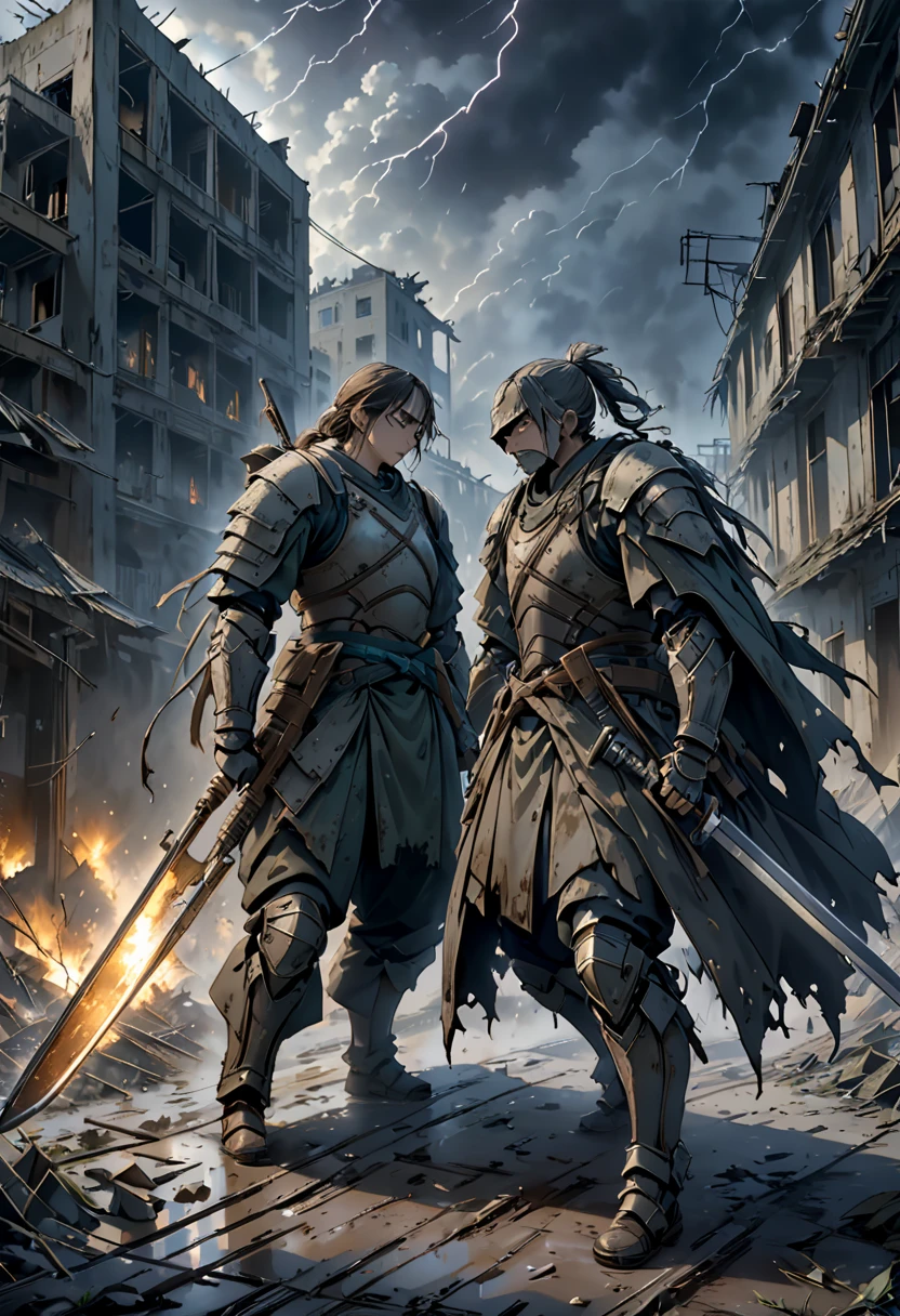 An evocative image of a dramatic showdown between two seasoned warriors in a post-apocalyptic world. The scene is illuminated by eerie, stormy light, casting shadows on the crumbling buildings and dark, foreboding sky. Both warriors are clad in weathered armor and wielding timeworn weapons, locked in a fierce and draining combat. Their expressions betray a mixture of determination and fatigue, while the electric atmosphere crackles with anticipation. The outcome of this pivotal battle will shape the destiny of mankind, adding a weighty sense of importance to the scene.