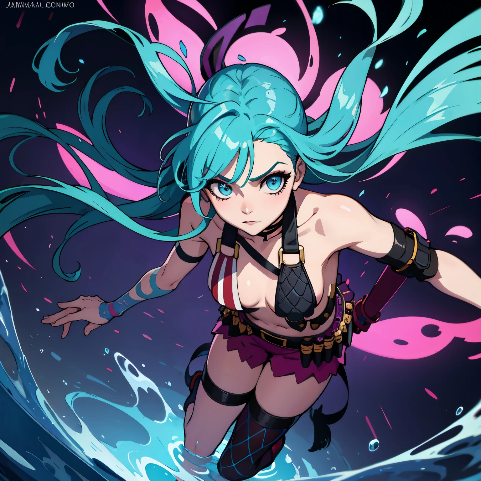 (ultra detailed,ultra high res,detailed background),((2D)),((flat color)),((dark colors)),((floating colorful water)),1men,solo,looking at viewer,BREAK, Jinx, League of Legends, blue hair