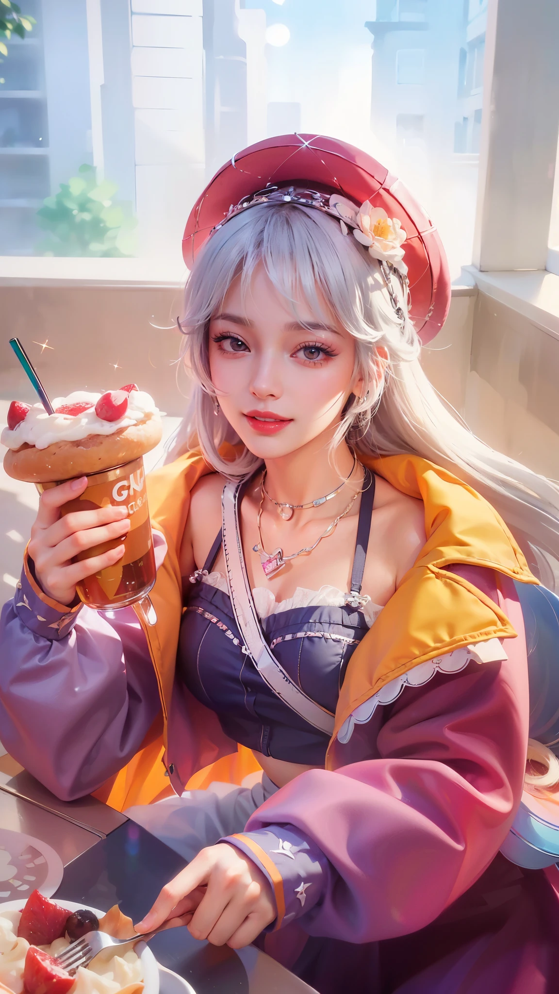 (8k, RAW photo, photorealistic:1.25) ,( lipgloss, eyelashes, glosace, glossy skin, best quality, ultra highres, depth of field, chromatic aberration, caustics, Broad lighting, natural shading, looking at viewer with a serene and goddess-like happiness, cute face, white hair, smile