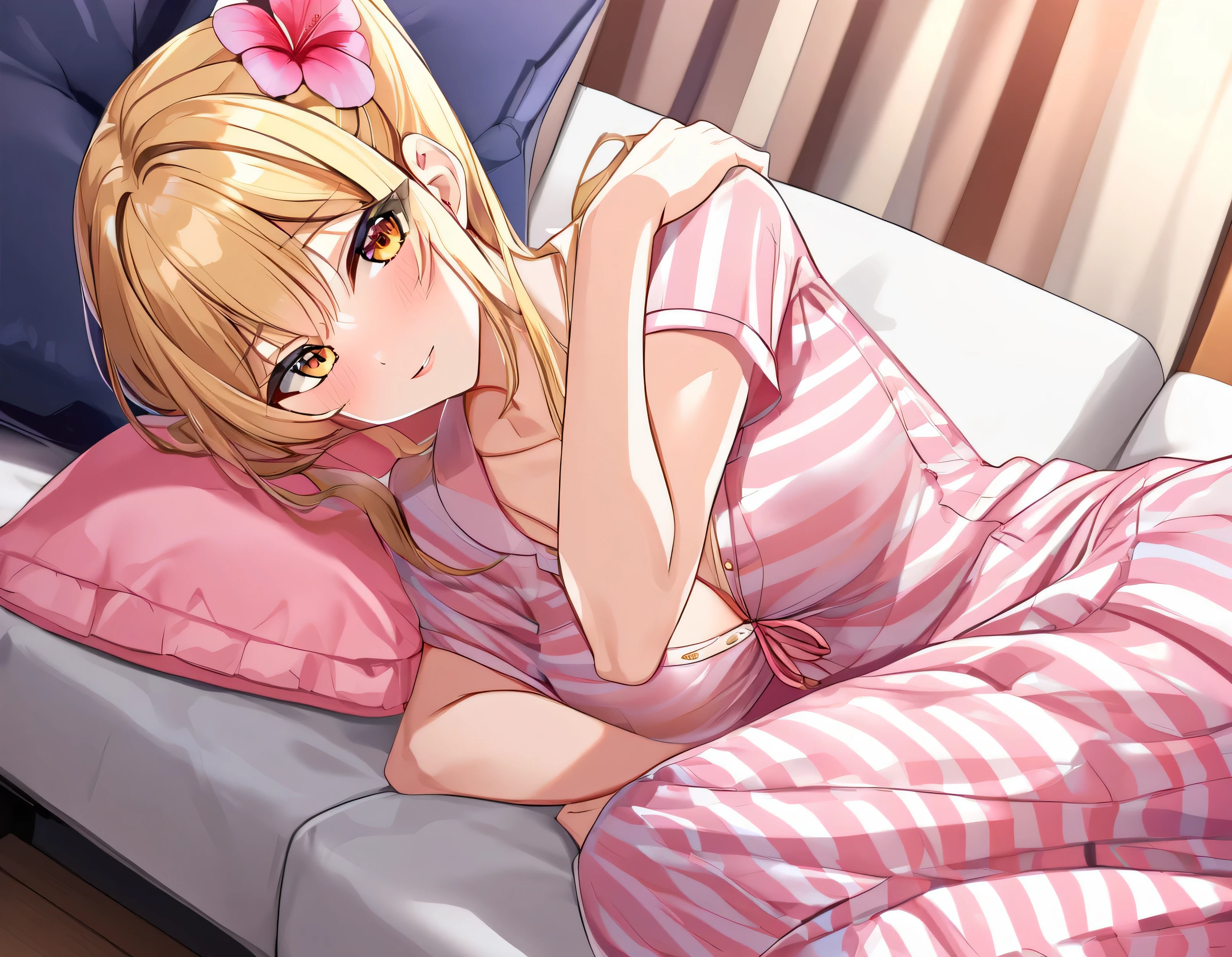 One anime girl , white, long gold hair, in sexy pyjamas on lounge, one cushion,