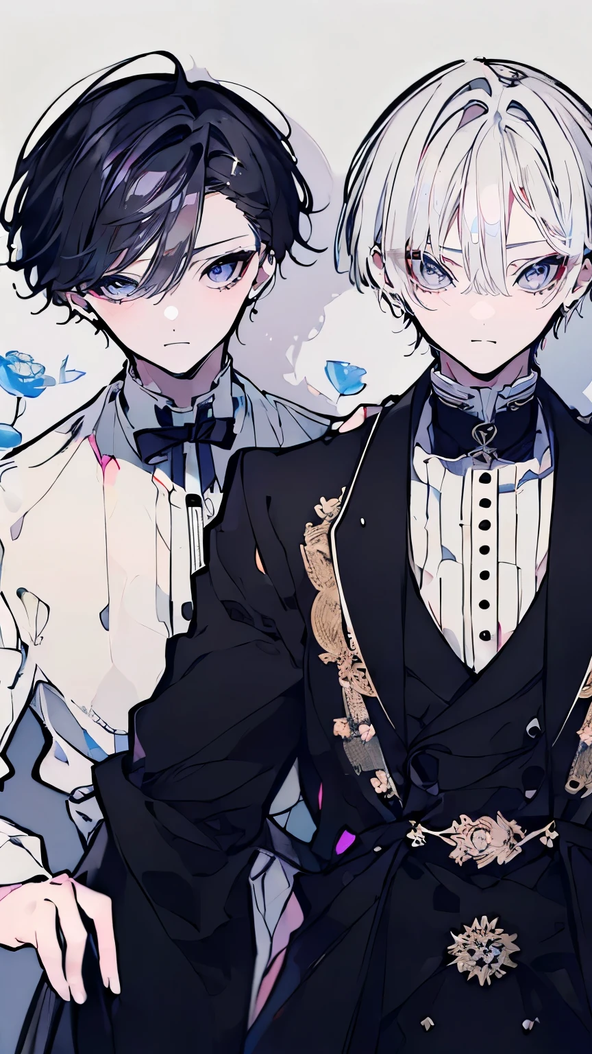 very detailed, ((two friendly young men:1.5)), perfect face, beautiful face, very detailed顔,(black-haired young man:1.3),(white-haired young man:1.3),ruffle shirt,smile,flower